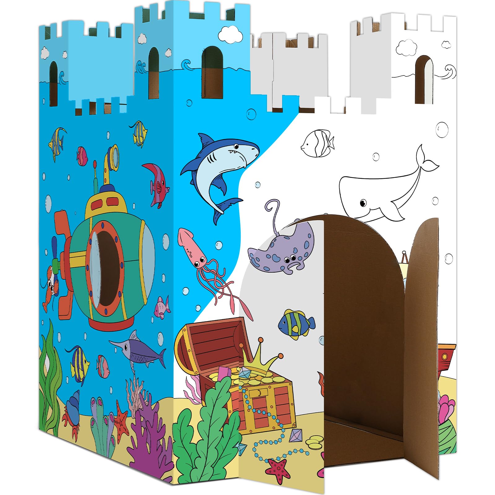 Under The Sea Playhouse Huge DIY Castle Ocean Animals Large Coloring Cardboard House Indoor Outdoor Art and Craft for Kids Toddler Boys Girls Decorate and Personalize Mermaid Gift 32" X 32" X 43"
