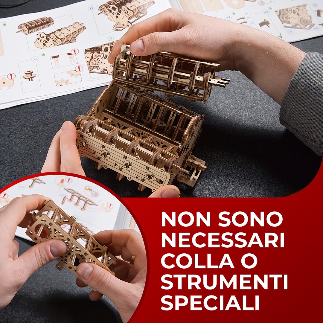 UGEARS V8 Engine Model Kit - Puzzle 3D Avanzato in Legno per Adulti - Kit Fai Da Te per Adulti Regalo per Ingegneri - Kit Modello Motore 3D per la Festa del Papà, Compleanni, Natale - 776 Pezzi