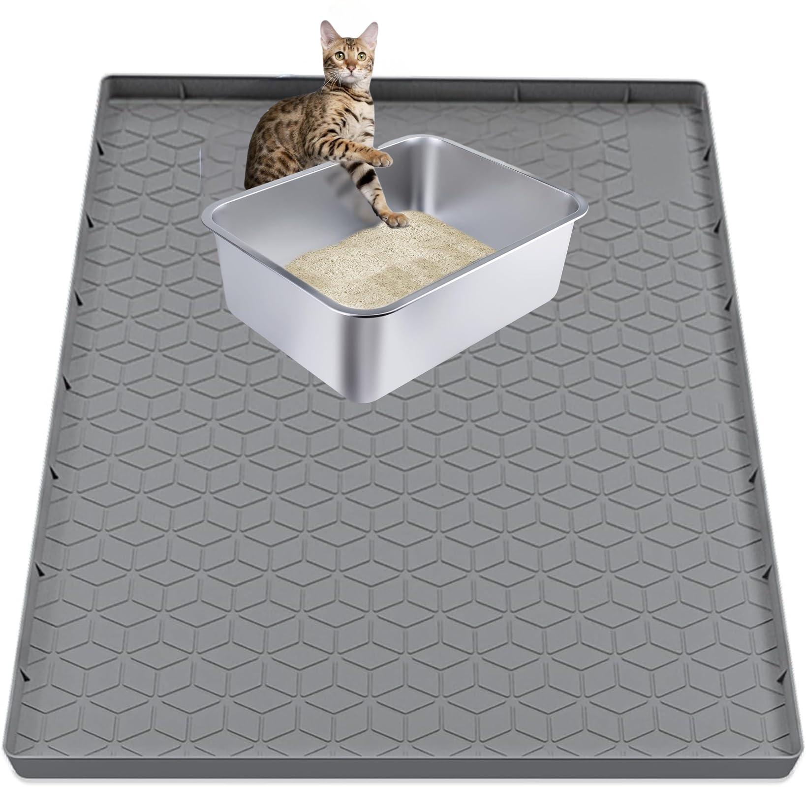 Tapete grande para arena para gatos, 86 x 56 cm, tapete de silicona para caja de arena, impermeable con borde elevado, forro antipista para suelos duros, fácil de limpiar, gris