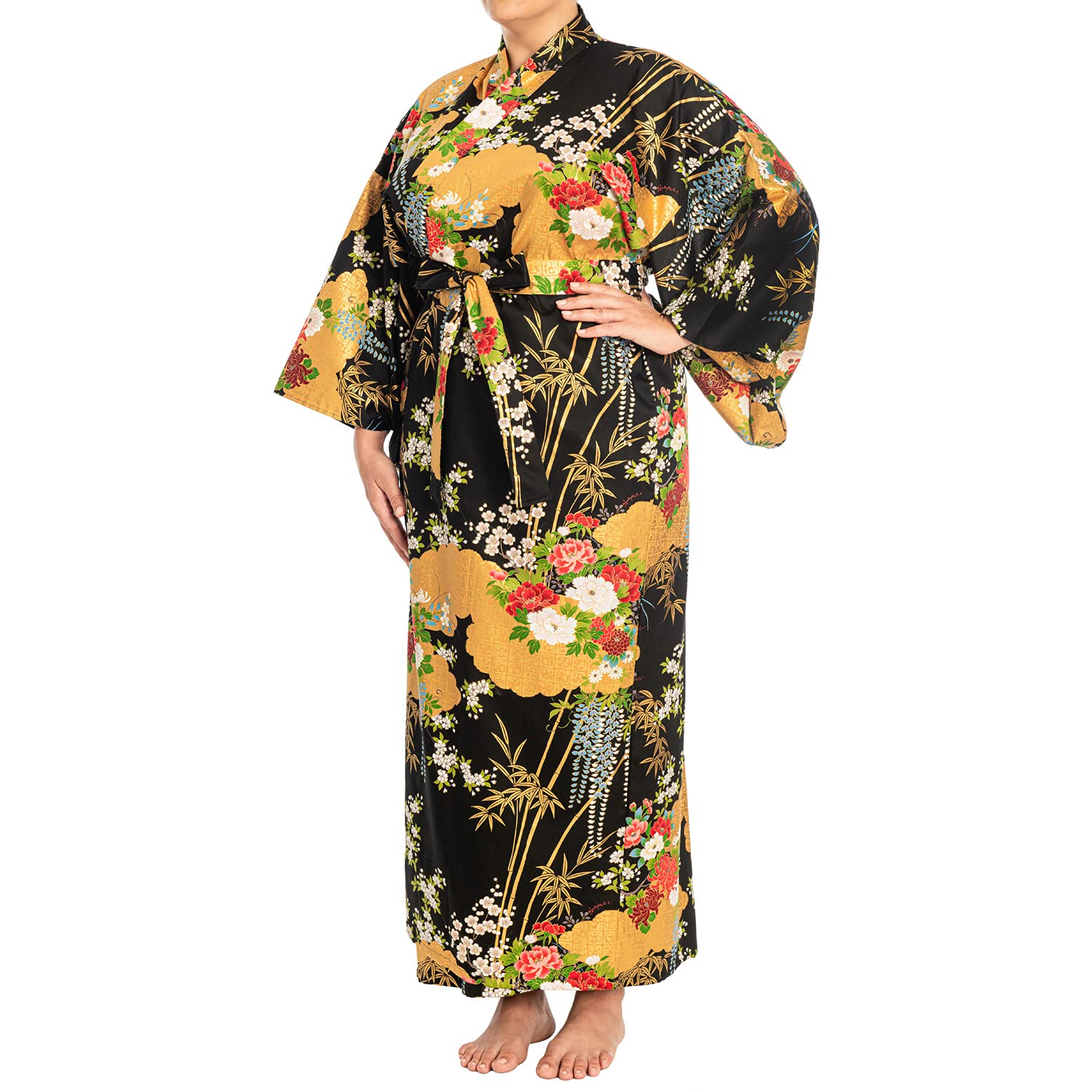 Authentic Japanese Kimono Floral Print Long Black XL