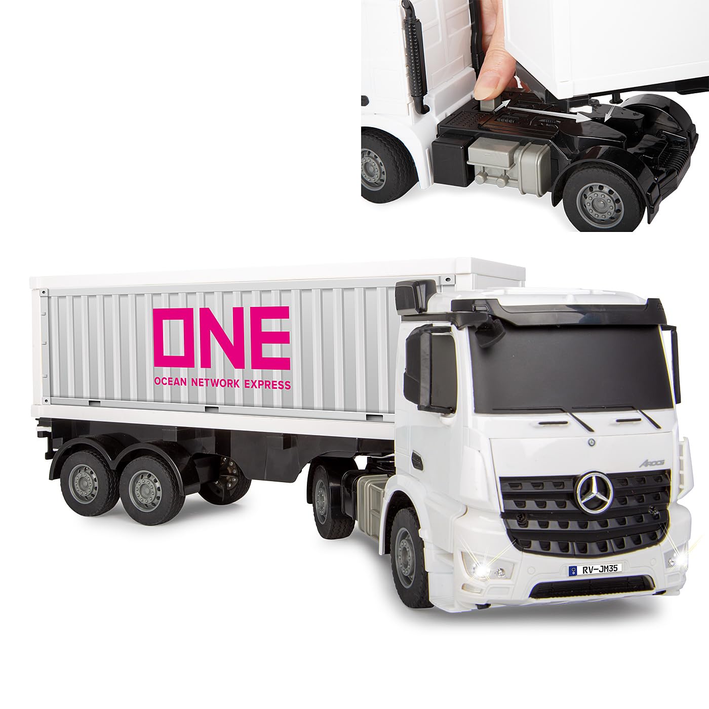 JAMARA 408300 kontener do samochodów ciężarowych Mercedes-Benz Arocs 1:26 2,4 GHz – samochód ciężarowy RC zdalnie sterowany, zabawka dla dzieci, ciężarówki, pojazdy, zdalne sterowanie, prezent dla
