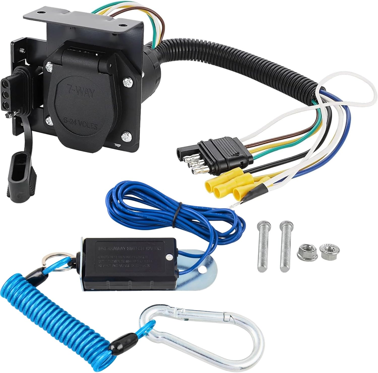 Multi-Tow 4-Way Flat to 7-Way RV Blade and 4-Way Flat Female End Trailer Wiring Adapter Connector Dual Output 4 Pin and 7 Pin Trailer Light Plug, Trailer Breakaway Switch 5ft Brake Away Coiled Cable