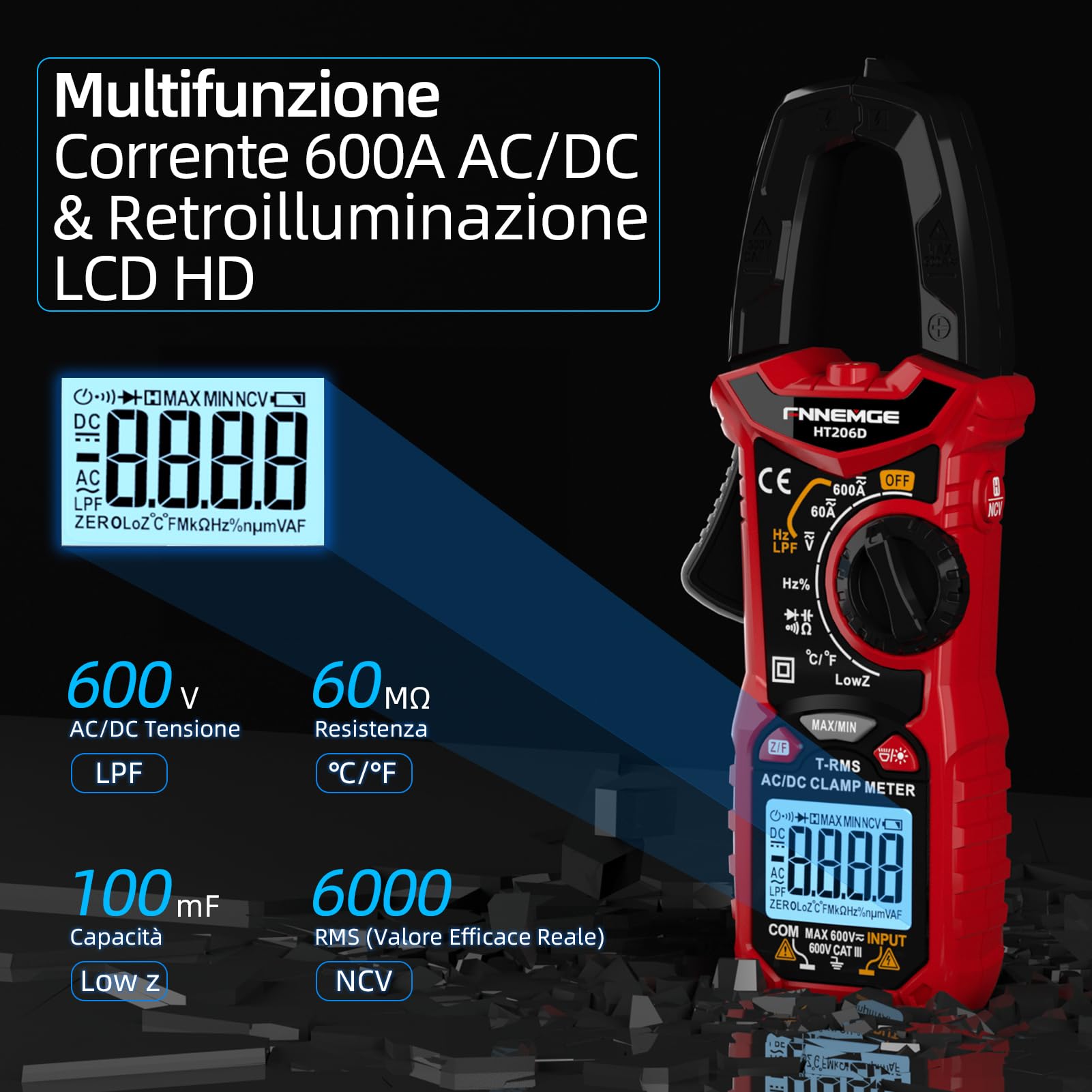 FNNEMGE HT206D - Pinza amperimétrica, Misuratore di Corrente DC/AC: 0-600A, Multimetro a pinza True-RMS 6000 Counts auto-Classificazione, Misura la Capacità di Passaggio (Corrente AC/DC)