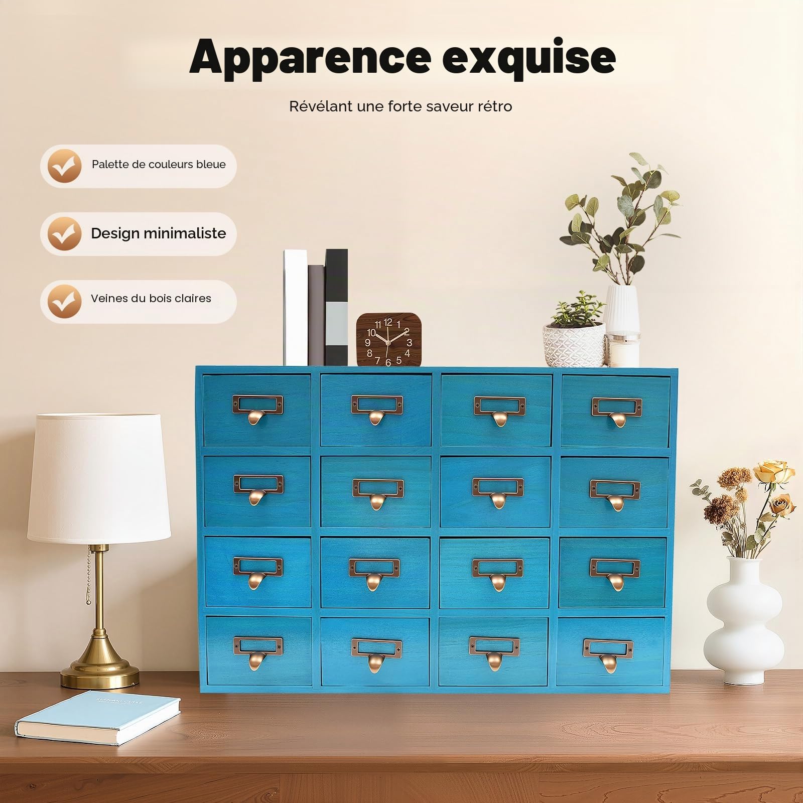 Armoire d'apothicaire à 16 tiroirs - Commode en tissu - Commode de chambre à coucher - Tiroir en bois - Boîte de rangement - Pour la maison, le bureau, l'organisation et le rangement