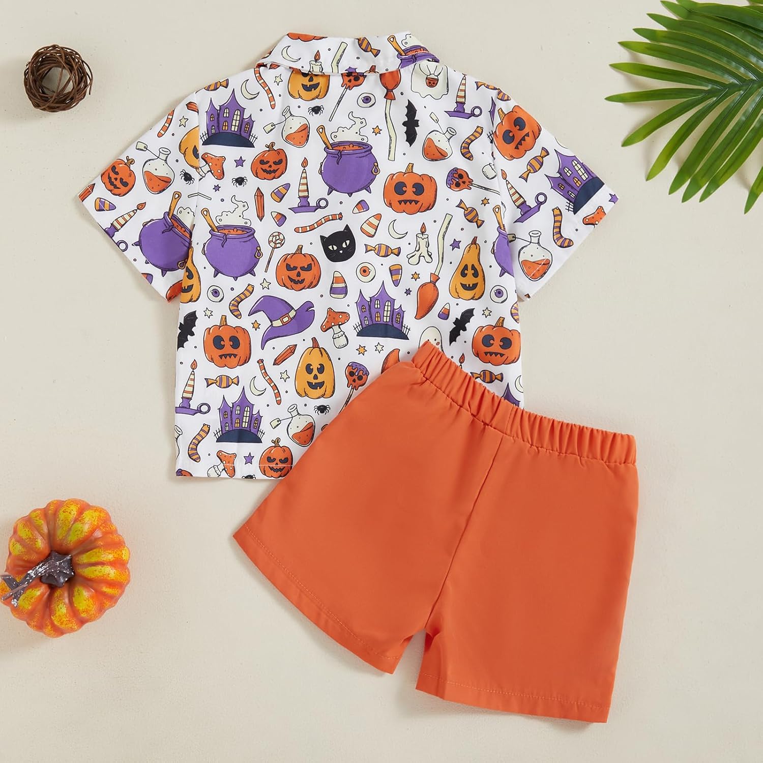 Rtnnsbbfcm Toddler Baby Boy Halloween Outfit Short Sleeve Bow Tie Pumpkin Ghost Button Down Shirt Top Shorts 2Pcs Set - Image 3