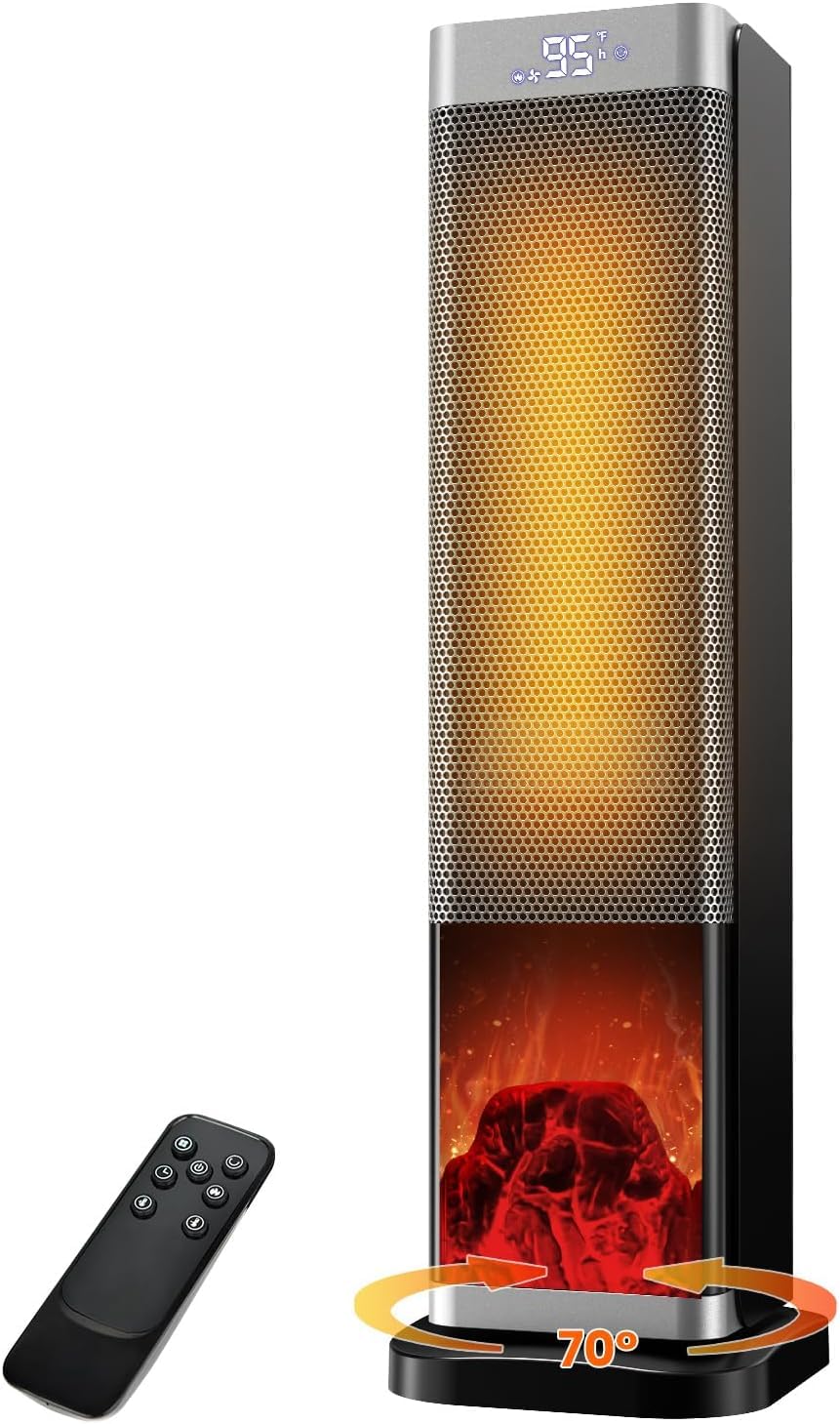 Calefactor Bajo Consumo - 23 pulgadas 2000W PTC Calefactor Baño,llama 3D,3 Modos,70° Oscilación,Modo ECO,Control Remoto,Protección contra Sobrecalentamiento/Vuelco,Calentador Bajo Ruido
