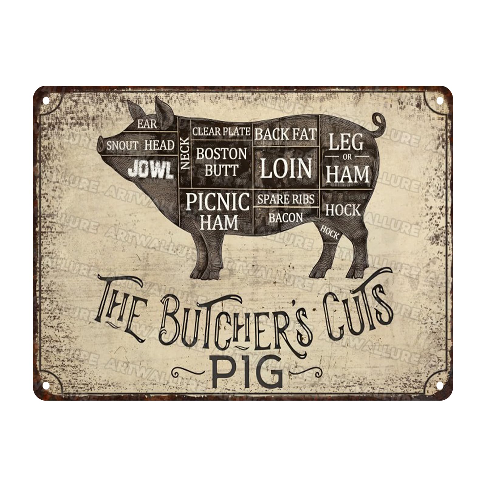 Pig Vintage Tin Sign The Butcher's Cut Pig Metal Tin Sign for Market and Meat Shop Farmhouse and Kitchen Decoration 12x16inch