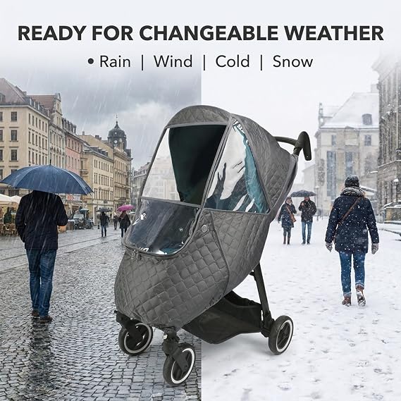 Bebamour Stroller Rain Cover, Universal Pushchair Weather Cover, Waterproof & Windproof Protection with Clear Windows, Ventilation Holes, Zip Opening & Storage Pockets, Dark Grey