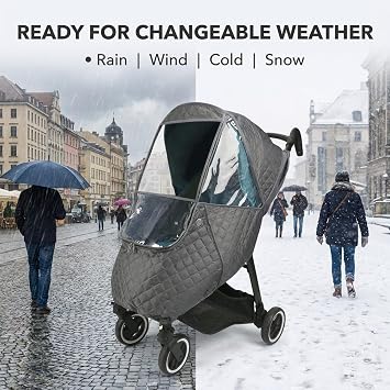 Bebamour Stroller Rain Cover, Universal Pushchair Weather Cover, Waterproof & Windproof Protection with Clear Windows, Ventilation Holes, Zip Opening & Storage Pockets, Dark Grey