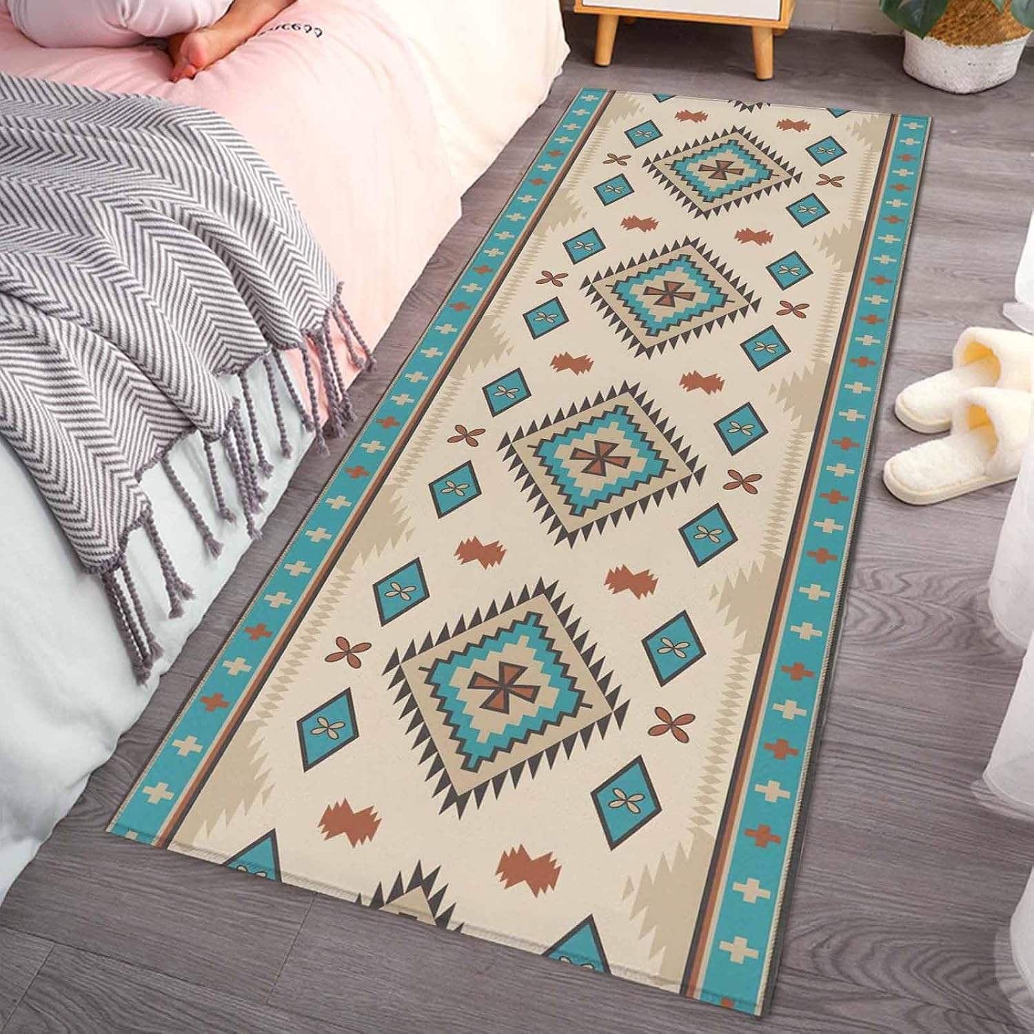 Teamery Kitchen Mats for Floor Farmhouse Aztec Southwest Washable Non Slip Kitchen Rugs 1PCS, Brown Ethnic Geometric Absorbent Standing Mats for Sink Bathroom Office Living Room 23.6x70.9in