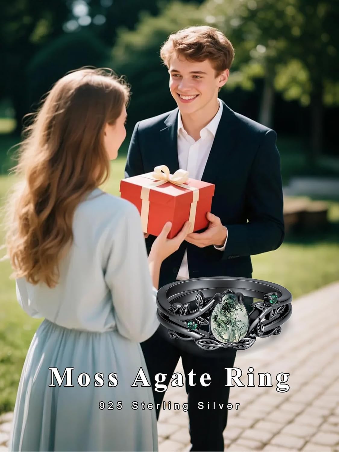 Seiyang Natural Moss Agate Ring 925 Sterling Silver Moss Agate Engagement Ring Set Promise Wedding Jewelry Gift for Women Mom Her