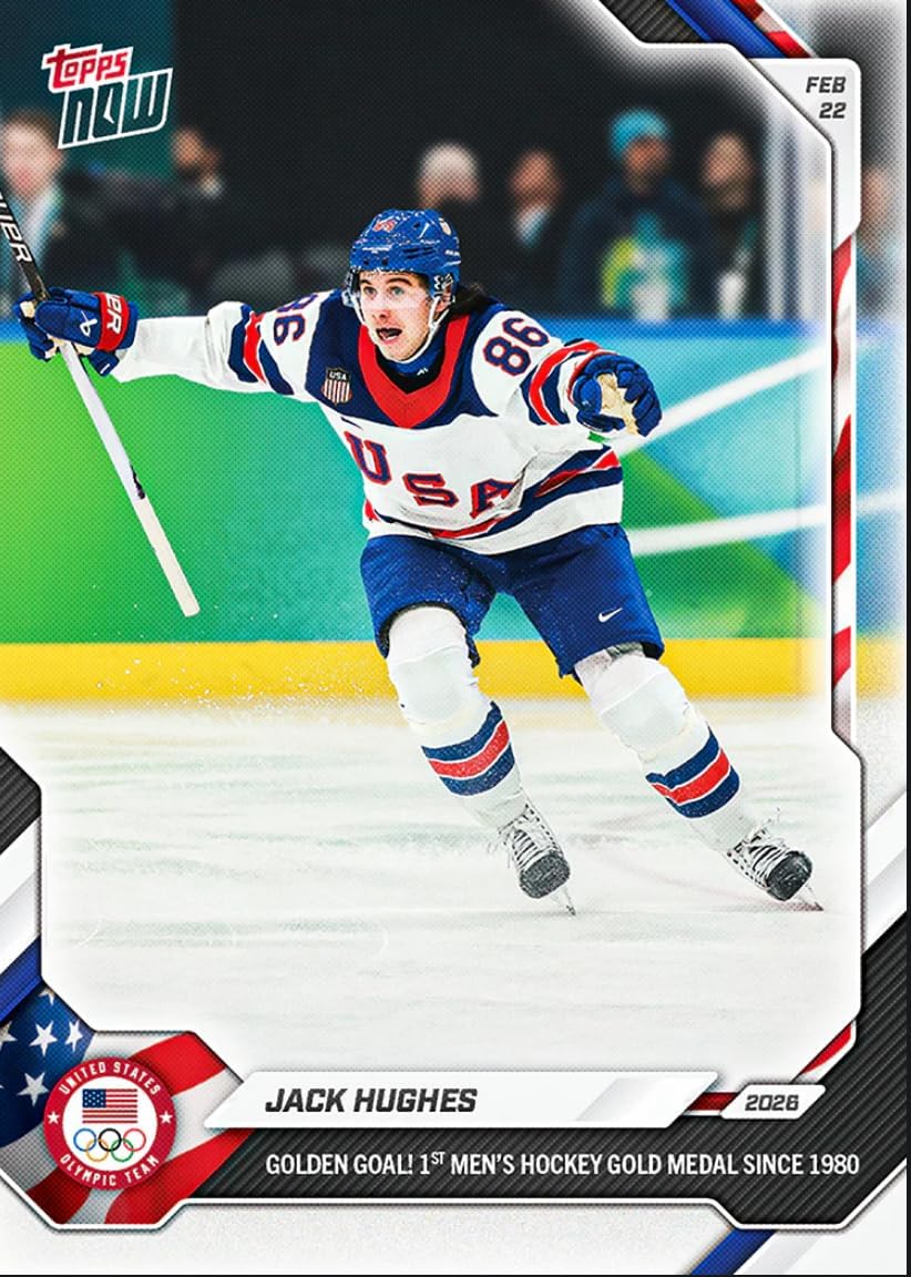 2026 Topps Now Olympics Jack Hughes #18 Golden Goal! 1st Men's Hockey Gold Medal Since 1980 Team USA Hockey Card - $24.99