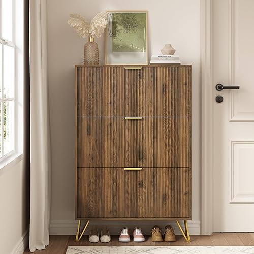Vista 3 de Armario de zapatos con 3 cajones abatibles, armario de zapatos de mediados de siglo para entrada, gabinete de almacenamiento delgado y oculto
