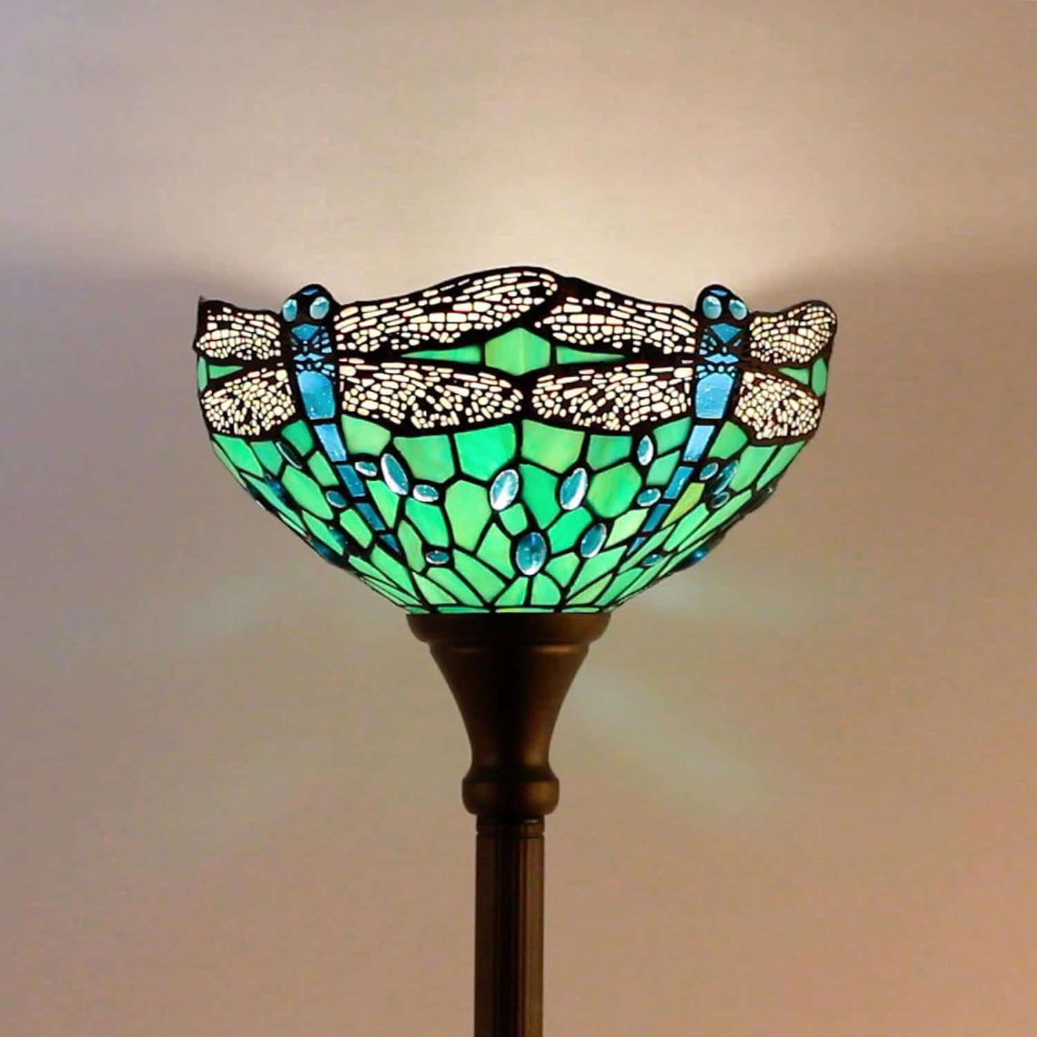 Tiffany Floor Lamp Torchiere Stained Glass Torch Lamp 12X12X67 Inch Antique Standing Corner Light (Green Dragonfly)
