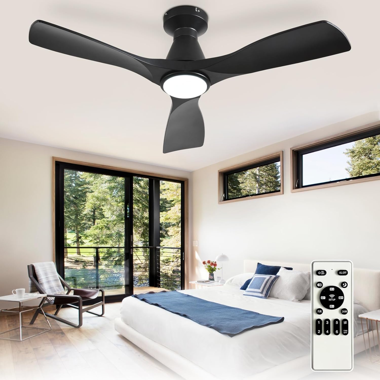 Depuley Ventiladores de techo de 42 pulgadas con luz: Ventilador de techo de perfil bajo con 3 aspas, para empotrar en la cocina - Ventilador para interior y exterior con mando a distancia,Negro