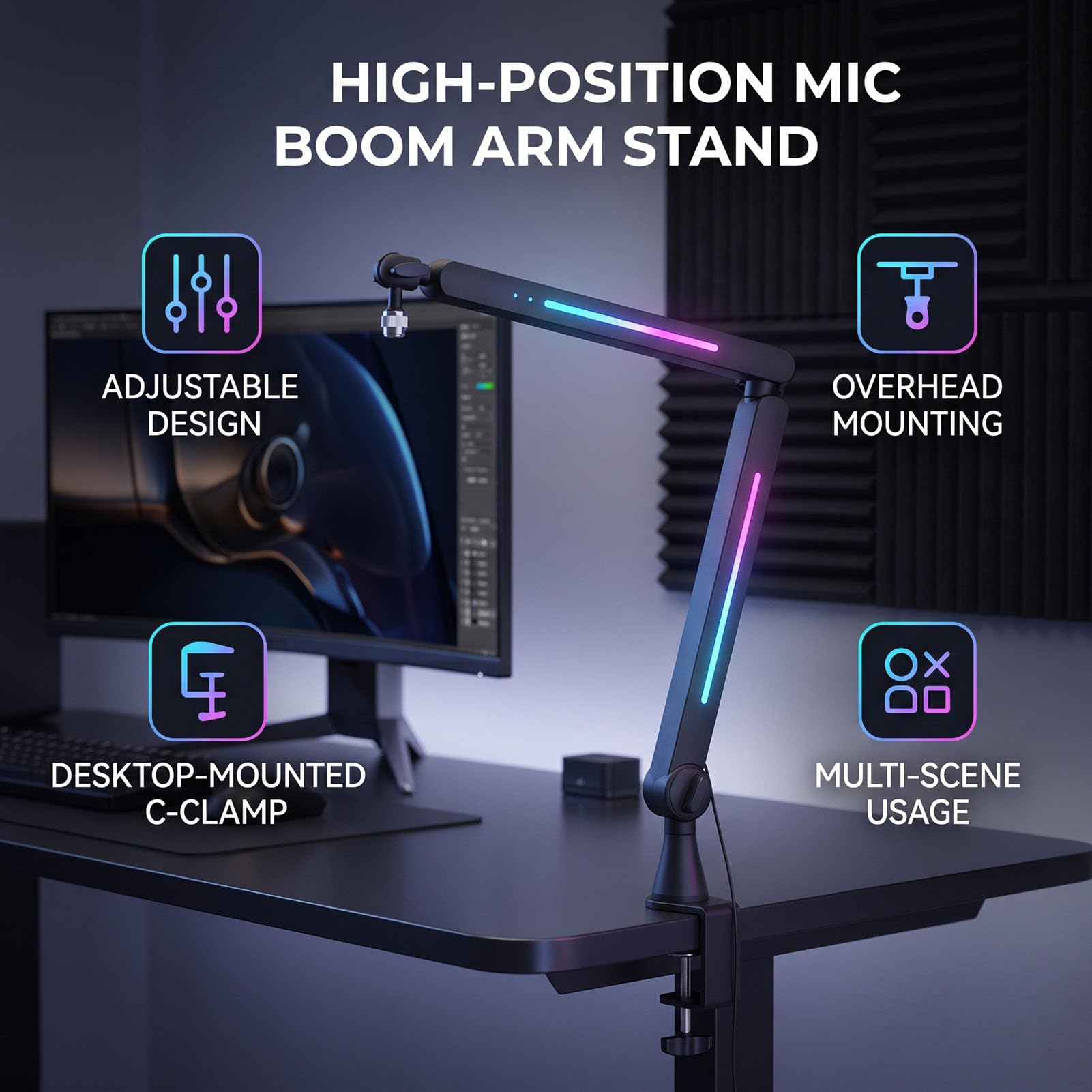 Luocute Supporto per Microfono da Soffitto con Braccio a Braccio RGB Mic con Gestione dei Cavi