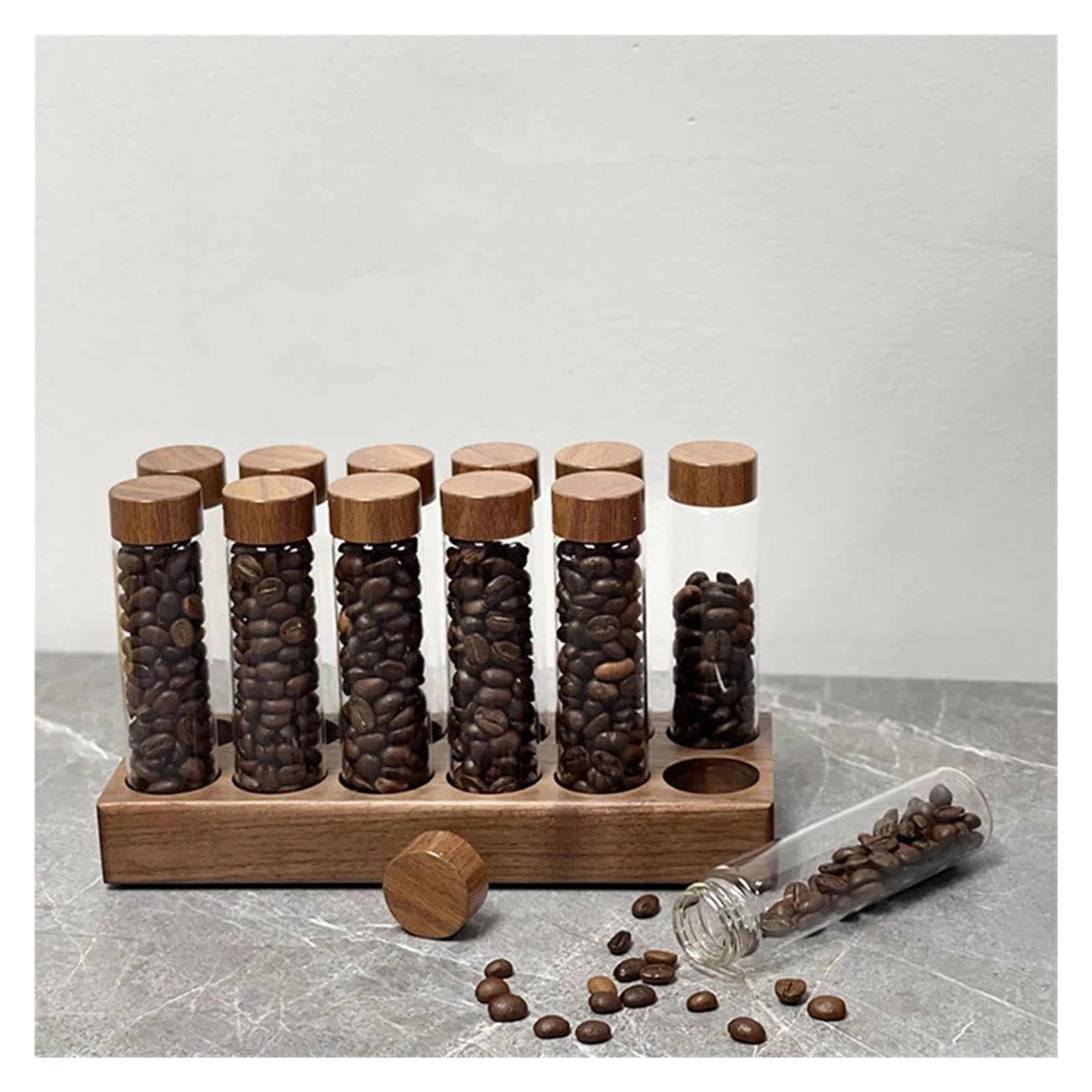 Tubo per chicchi di caffe, contenitore in vetro con imbuto KH-001 | Tubo monodose da 17g o 22g, base in noce, set in due pezzi, 6 o 12 fori(6 holes 17g Beech)