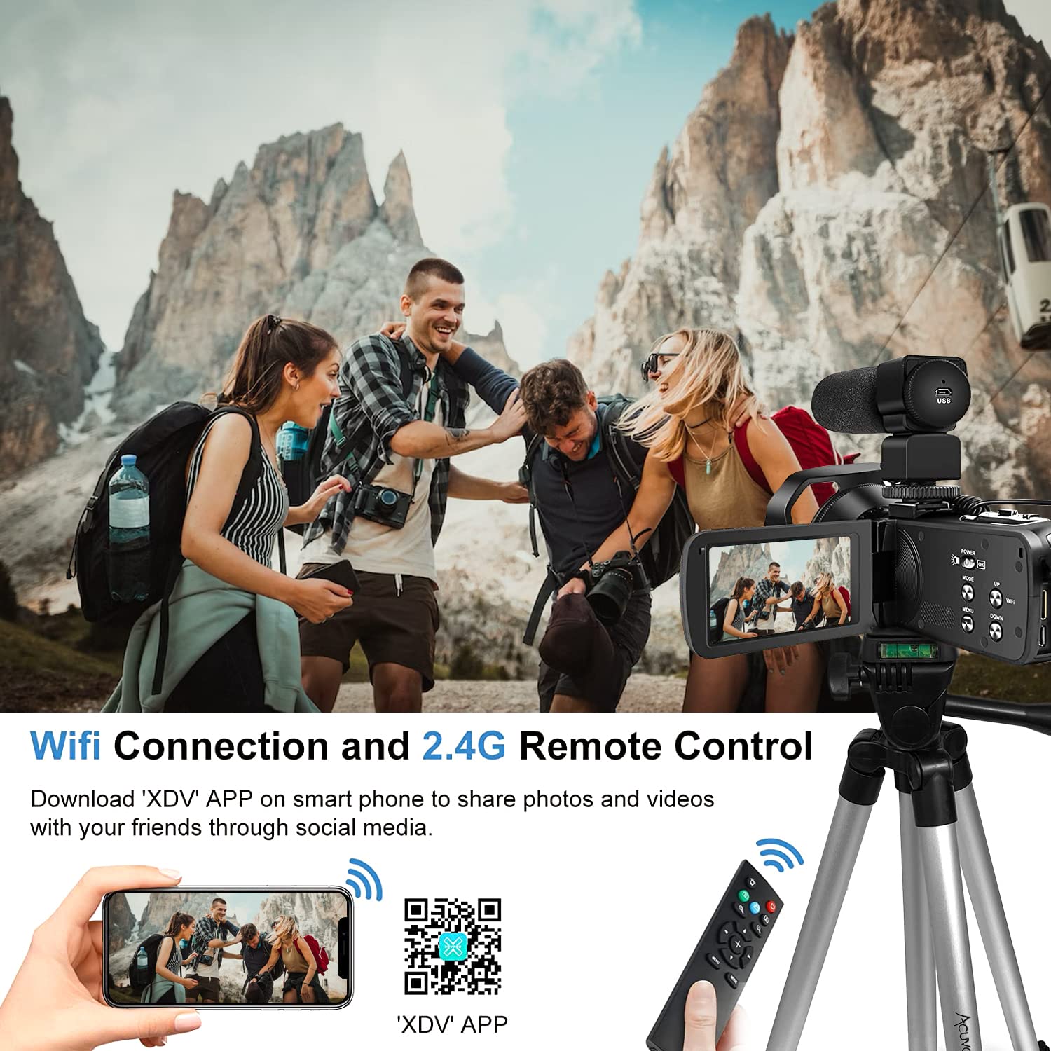 Acuvar Videocamera 4K 48MP Auto Focus 60FPS WiFi Vlogging Camera per YouTube Zoom 18X Videocamera Digitale con Mic, Stabilizzatore, Lettore di Schede SD, Scheda Micro SD da 64 GB, Kit Vlogging YouTube