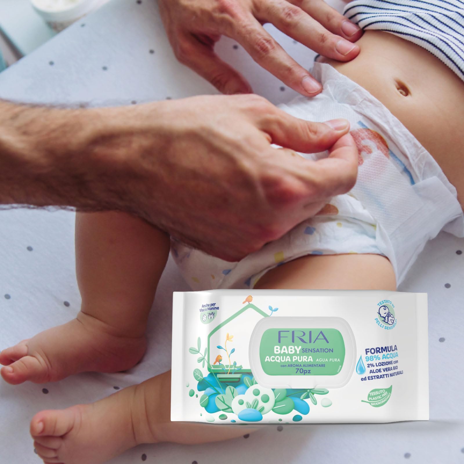 Fria Baby Sensation Acqua Pura Salviette per Cambio Pannolino, 98% Acqua Purificata, 70 Salviette