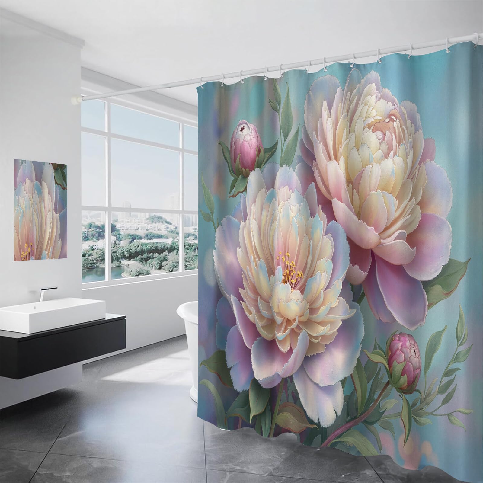 Rideau Douche,Rideau Baignoire Lavable en Machine Rideaux Douche Tissus Lavable Rideau De Baignoire Lavable pour Salle De Bain Domicile Baignoire Famille,Pivoines,