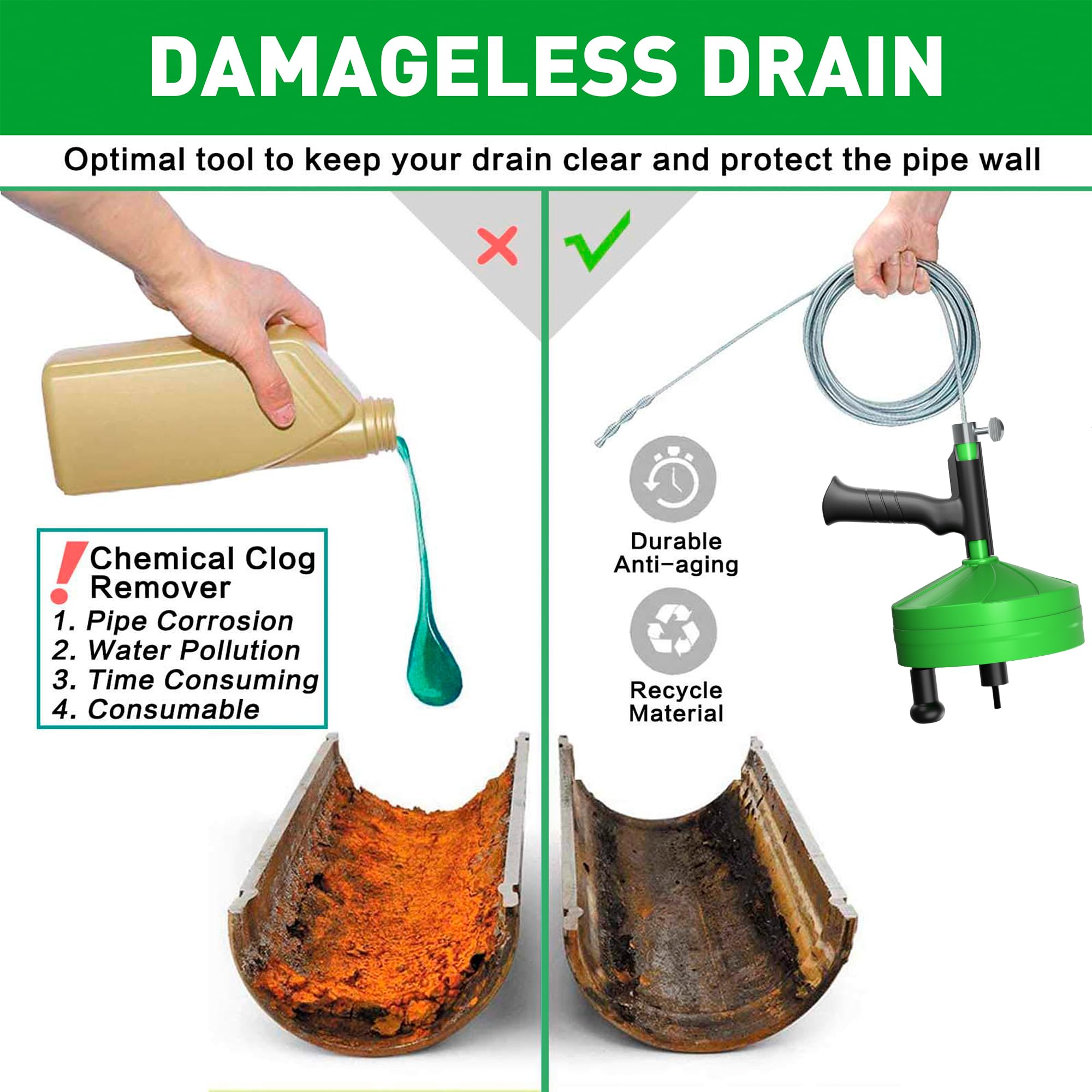 BACOENG Barrena de drenaje de 50 pies, serpiente de fontanería resistente con adaptador de taladro, uso manual o alimentado para obstrucción de drenaje, fregadero de ducha, viene con guantes y bolsa