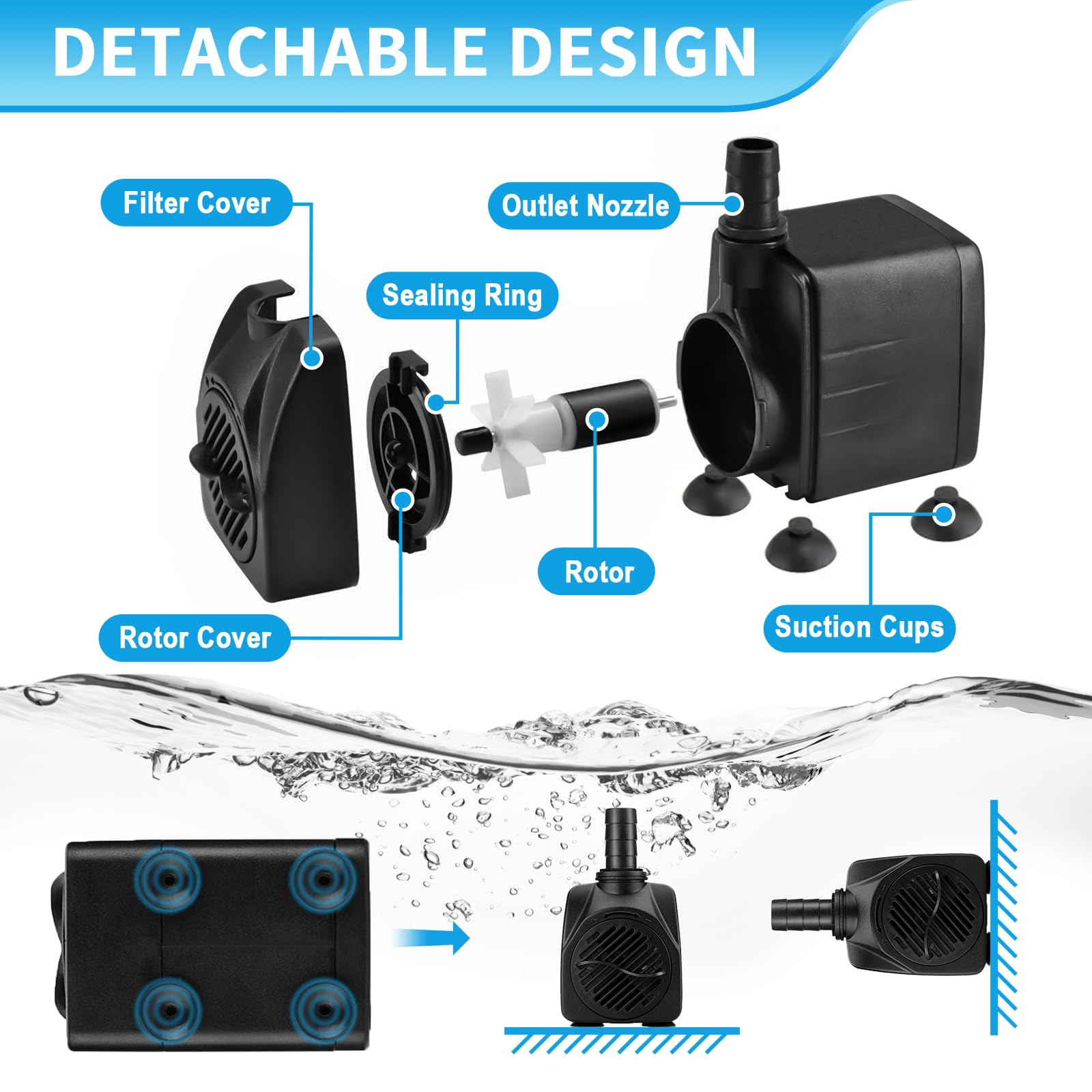 Bomba de Agua 25W 1800L/H 220V Mini Bomba de Acuario, Bomba Ajustable con 3 Boquilla y Cable de Alimentación, Bomba Sumergible Jardín Fuente de Estanque