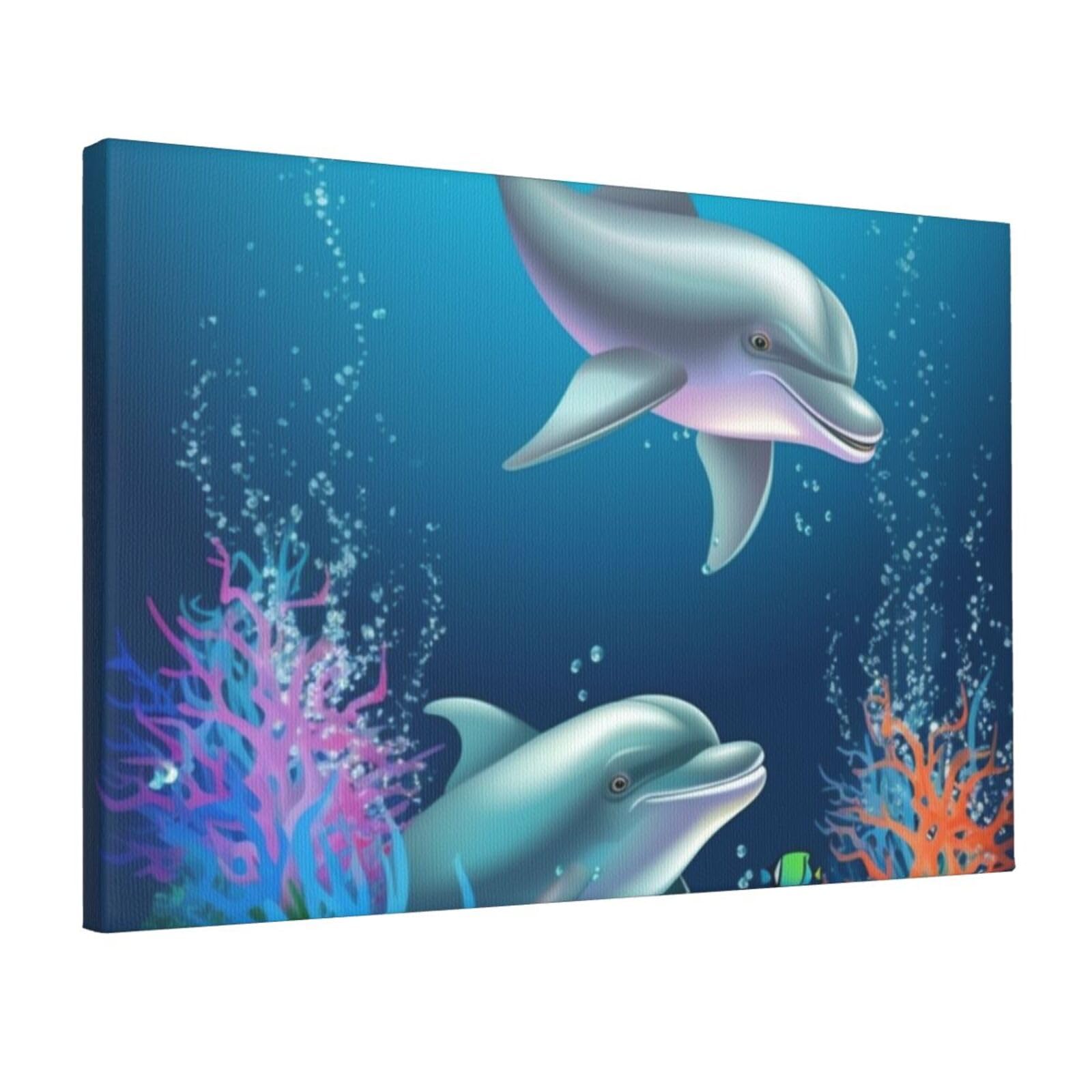 KLOPH Dolphin and fish Canvas Wall Art for Living Room 12"x18" Modern Artwork Painting for Bathroom Hanging Canvas Prints Aesthetic Wallart for Bedroom Kitchen Office Wall Decor