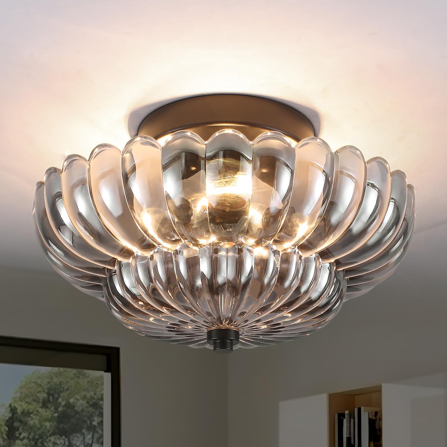 Gold Flush Mount Ceiling Light - 11.6”Modern Semi Flush Mount Ceiling Light Fixture with Milk Glass，mid Century Close to Ceiling Light for Bedroom, Living Room, Hallway, Entryway