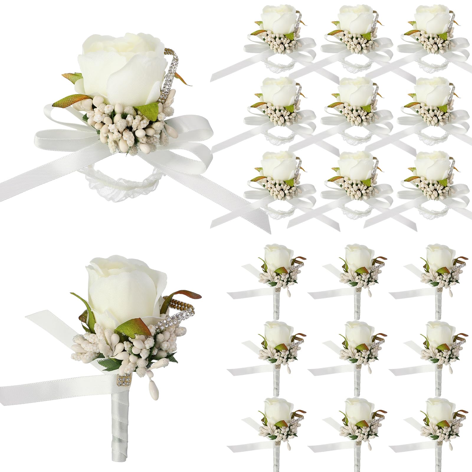 Boutons de manchette et corsages de mariage blancs Geosar | Lot de 20 pièces pour cérémonie