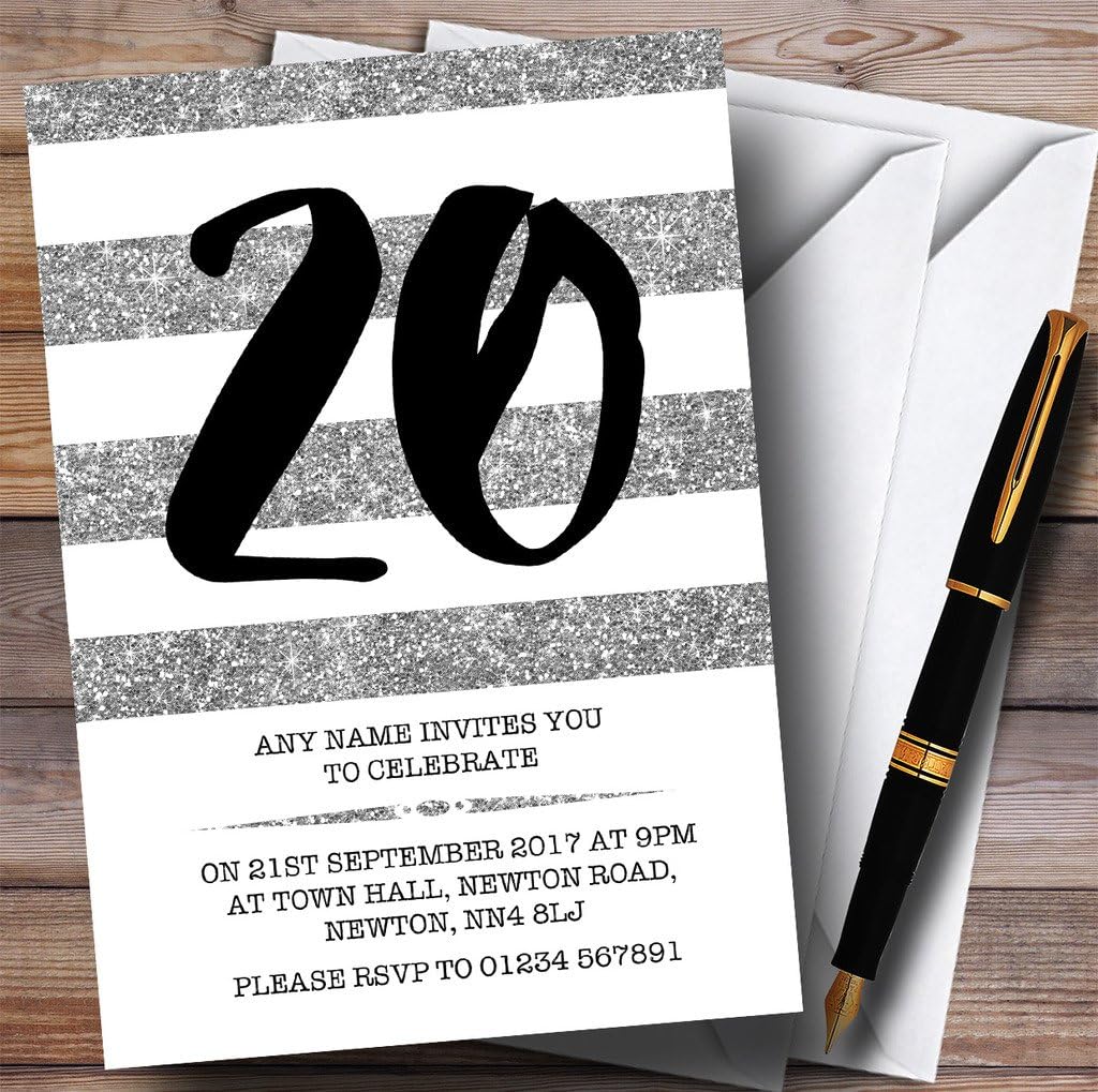 Glitter Silver & White Striped 20th Personalized Birthday Party Invitations