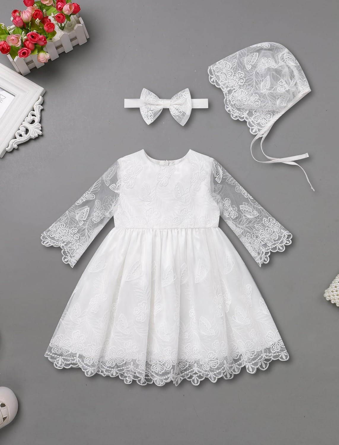 IDOPIP Baby Girl Christening Baptism Dress Lace Flower Girl Wedding Dresses with Headband Bonnet Newborn Birthday Gown Outfit