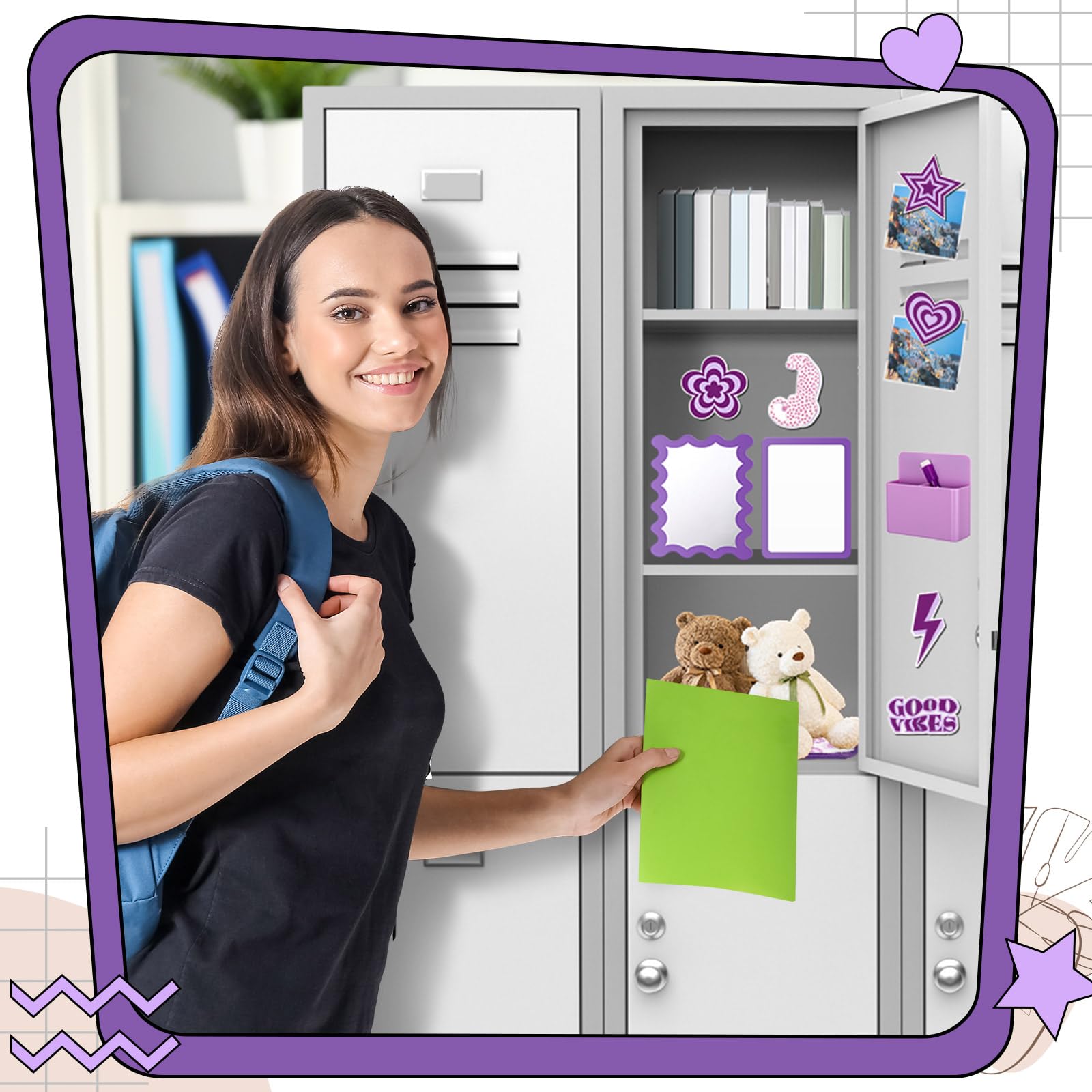 Threehoney Kit de 11 accesorios magnéticos para casillero, espejo, soporte para bolígrafos, calcomanías magnéticas, alfombra, marcador de pizarra blanca, calcomanías preparadas para el regreso a
