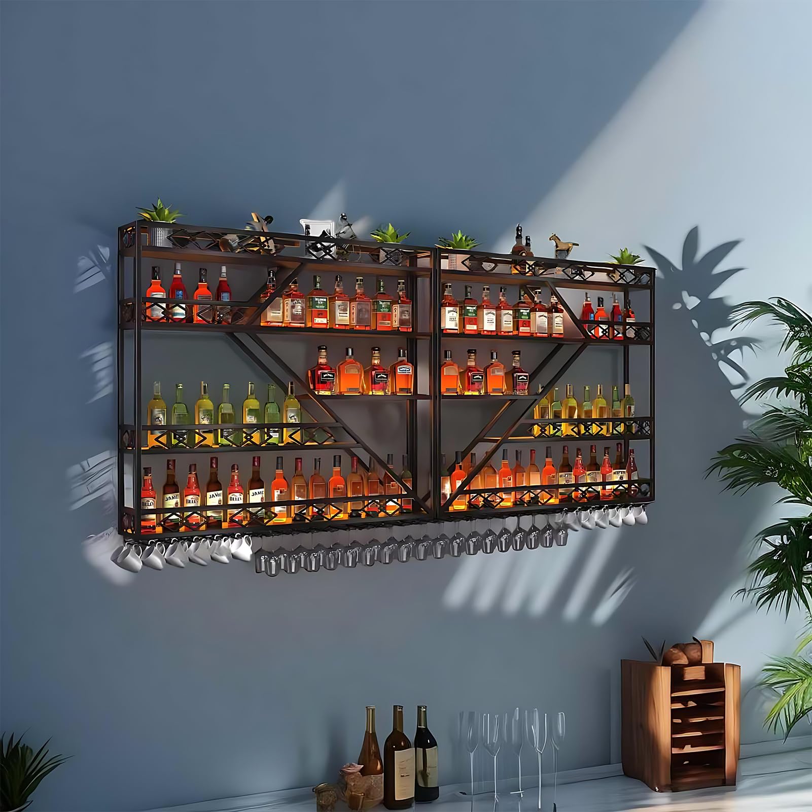 Estante de vino de pared de metal con iluminación LED y soporte modular