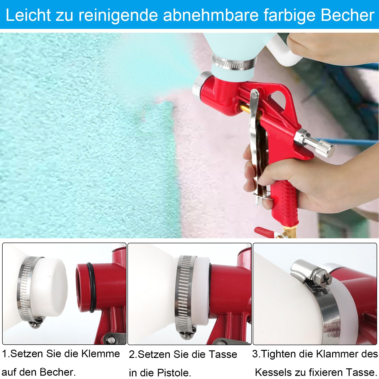 Trichterpistole 6L Putzlackierpistole,Air Textur Pistole mit 3 Düsen (4.0mm/6.0mm/8.0mm) Farbsprühsystem für Wände, Decke, Schlamm, Spritzpistole