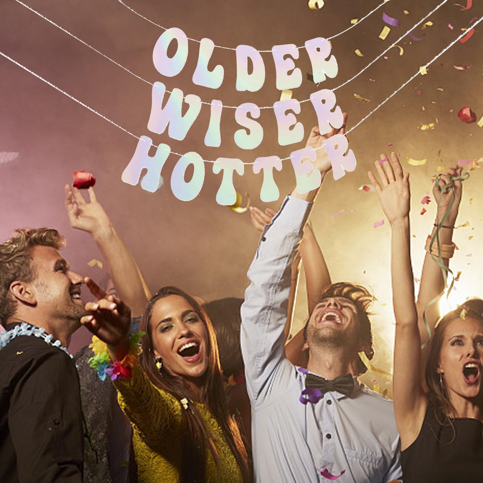 „Older Wiser Hotter“ Geburtstags-Banner-Set – Glitzer-Banner Mit Girlanden & Wabenbällen | Dekoration Für Geburtstagspartys