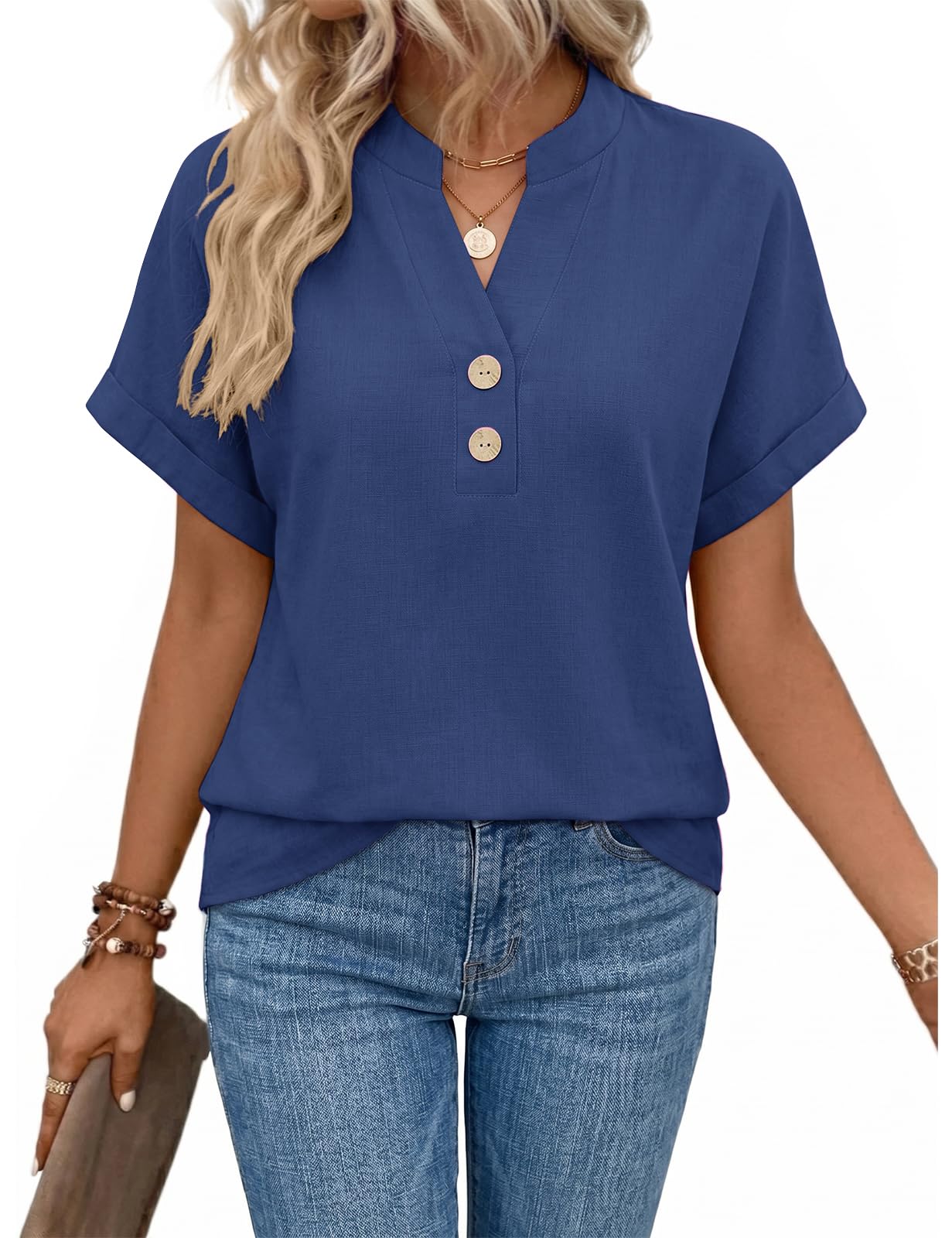 heekpek Leinenbluse Damen Sommer Kurzarm Musselin Bluse V-Ausschnitt Oberteile Damen Elegant Hemd Baumwolle Blusenshirt Lässig Blusentops Leicht Luftig Sommeroberteile