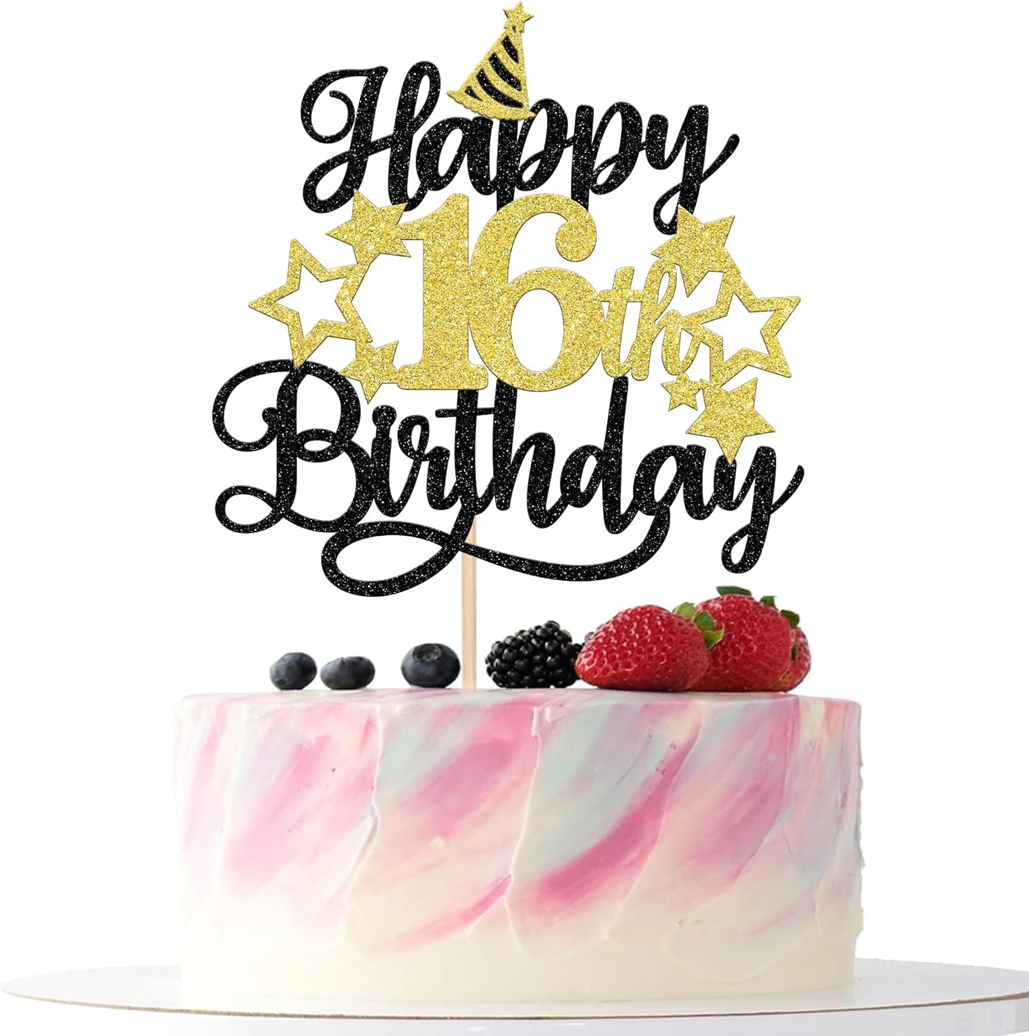 Confetti! Glittering 16th Birthday Cake Topper with Star Hat - Cheers to 16 Years! Fabulous Cake Decorations for Kids' 16th Birthday & Anniversary Party Supply-image-2