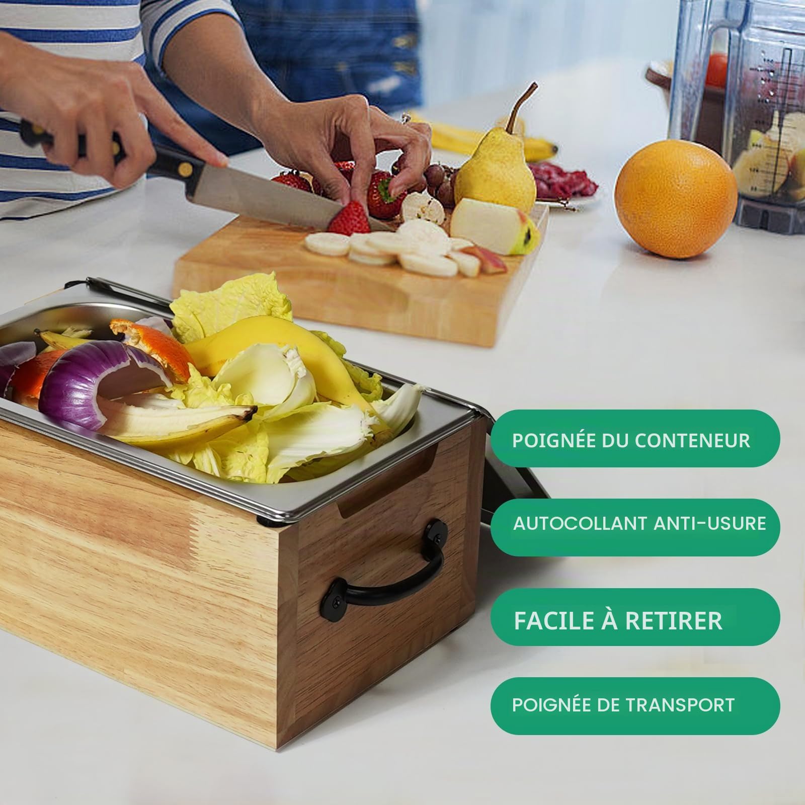 Composteur Cuisine en Bois, Poubelle Compost Cuisine avec Couvercle, Passe au Lave-Vaisselle, Seau Compost Cuisine pour Déchets Organiques, Bac à Compost Anti Odeur