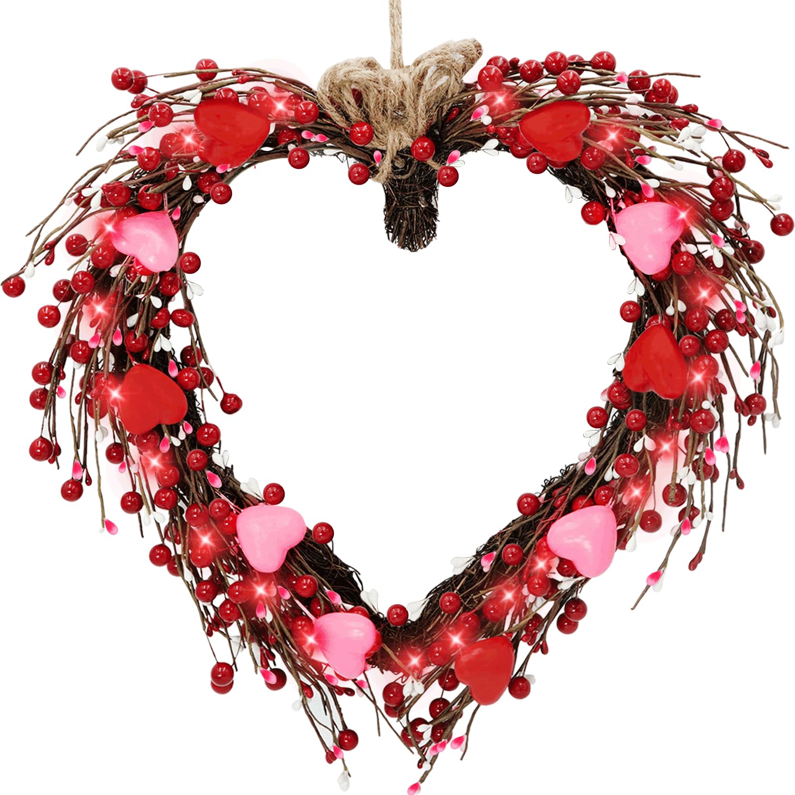 [ Timer ] Valentines Day Decor, Handmade 16” Heart Shaped Wreath with 20 Red Lights and Red Pink Heart Berries, Valentine’s Day Wreath Decorations for Front Door Home Outdoor Indoor Window Wall