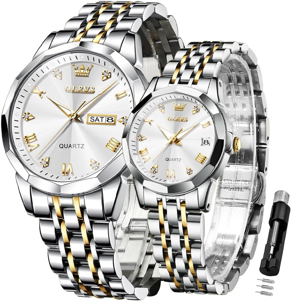 OLEVS Valentines Couple Pair Quartz Watches Luminous Calendar Date Window 3ATM Waterproof, Casual Stainless Steel His and Hers Wristwatch for Men Women Lovers Wedding Romantic Gifts Set of 2