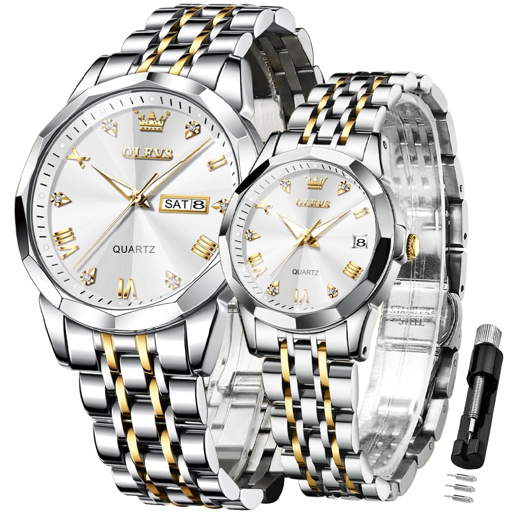 OLEVS Valentines Couple Pair Quartz Watches Luminous Calendar Date Window 3ATM Waterproof, Casual Stainless Steel His and Hers Wristwatch for Men Women Lovers Wedding Romantic Gifts Set of 2 silver gold couple watches