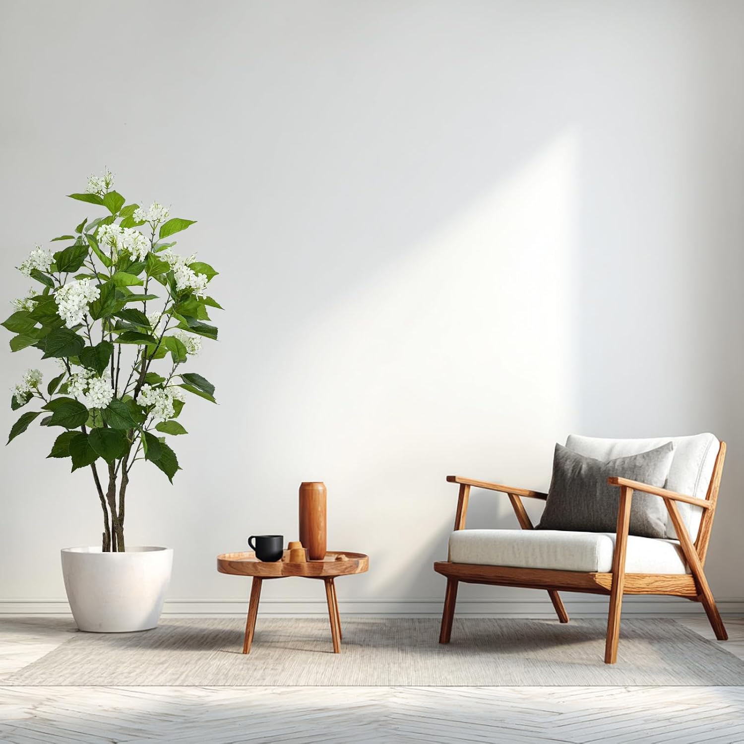 5FT Artificial Hydrangea Tree with 18 Blooms, Potted Fake Plant for Home Office Decor, Realistic Leaves & Bendable Branches, White Planter (5 FT)