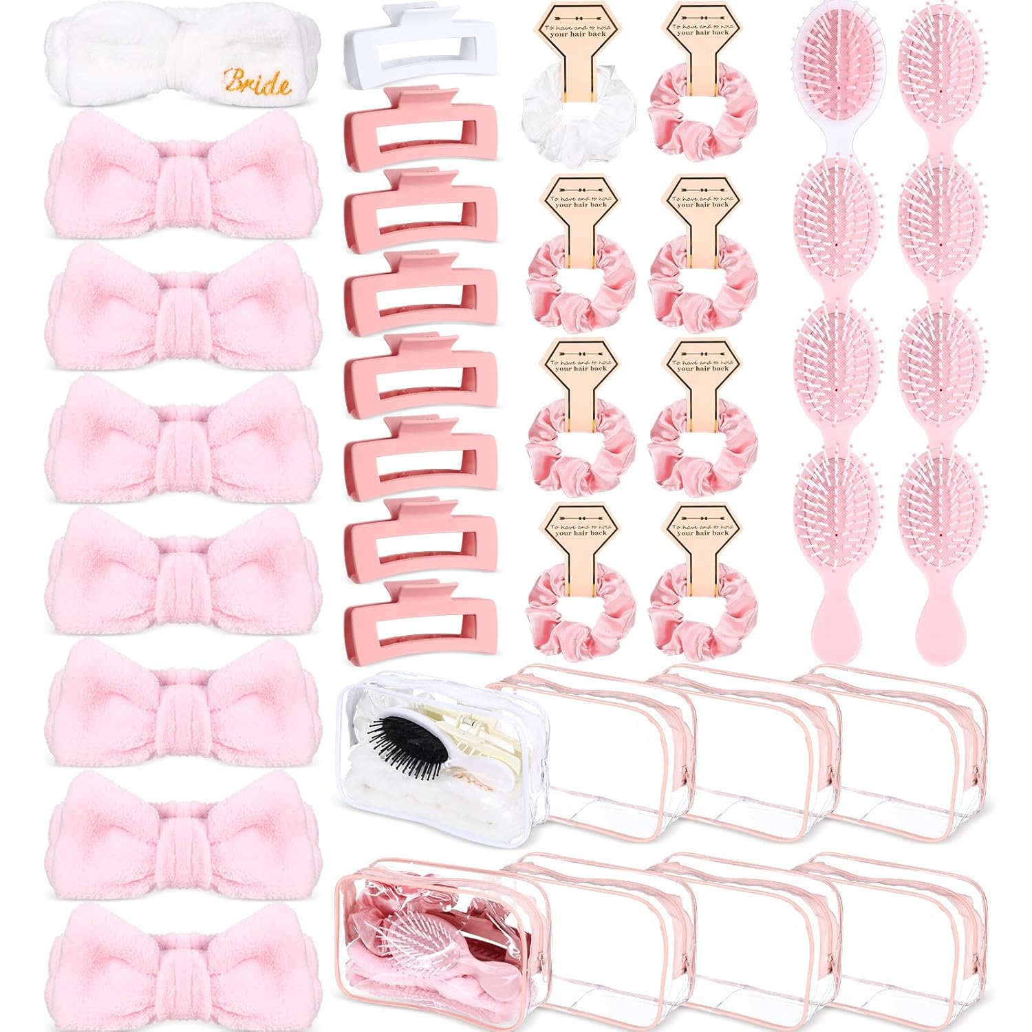 40 Pcs Bachelorette Favor Set Include Headband Scrunchies Hair Claw Clips Hairbrush and Makeup Bag for Bridal Shower Party Gifts Bridesmaid Wedding Supplies (White and Pink)