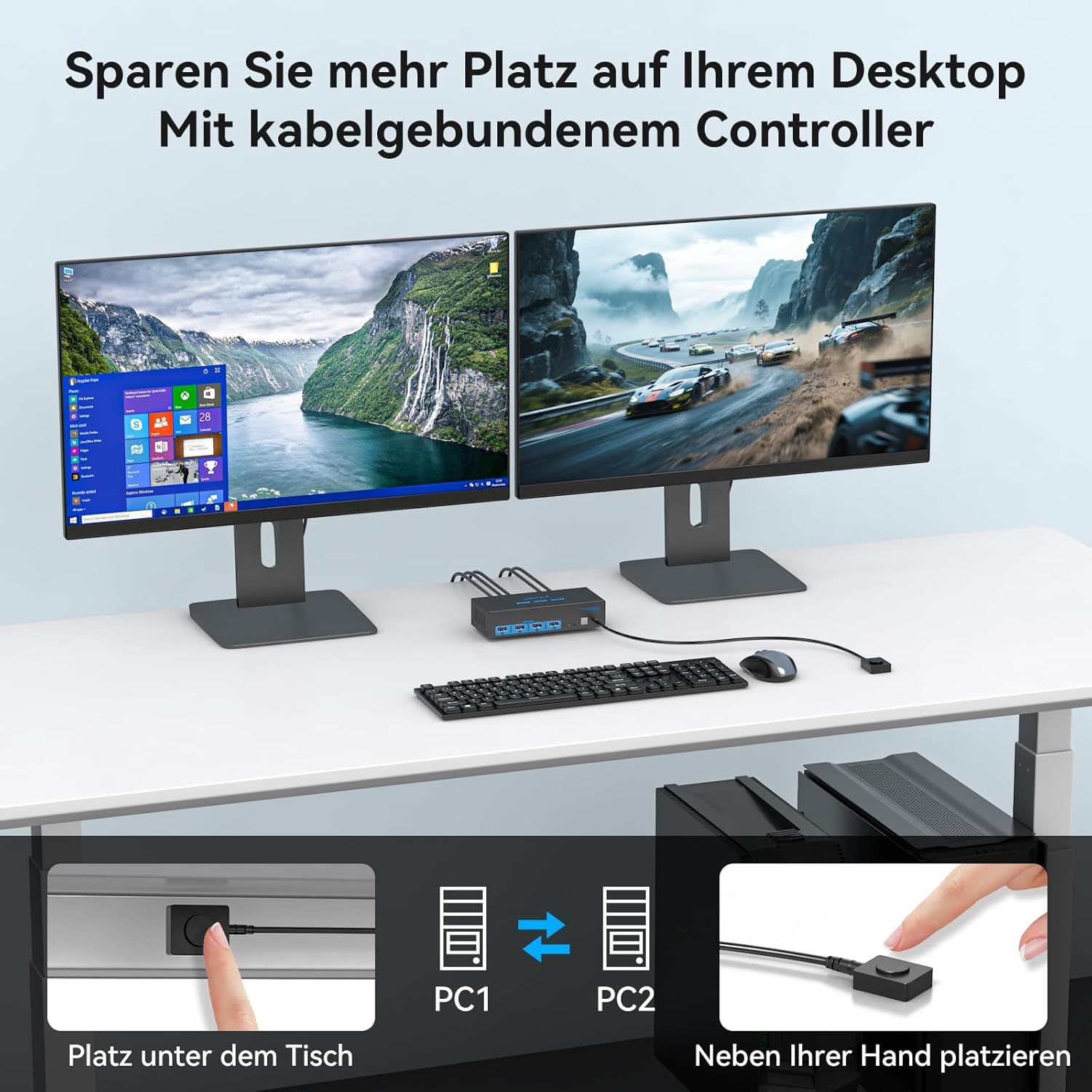 8K60Hz Displayport KVM Switch 2 PC 2 Monitore 4K@120Hz Conmutador KVM para 2 Ordenadores, Comparte 2 Monitor y 4 Dispositivos USB con 2 Cables USB 3.0 y Control de Escritorio