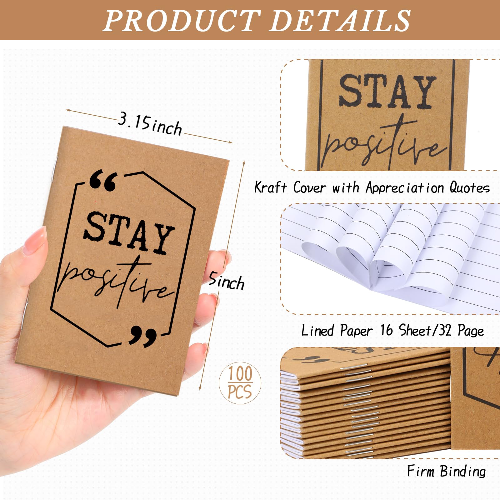 Condition photo showing New/Like New for 100 pcs inspirational notepads kraft pocket motivational notebook mini notebooks small lined inspiring journals for teens mini journal for kids students teacher gifts school office supplies