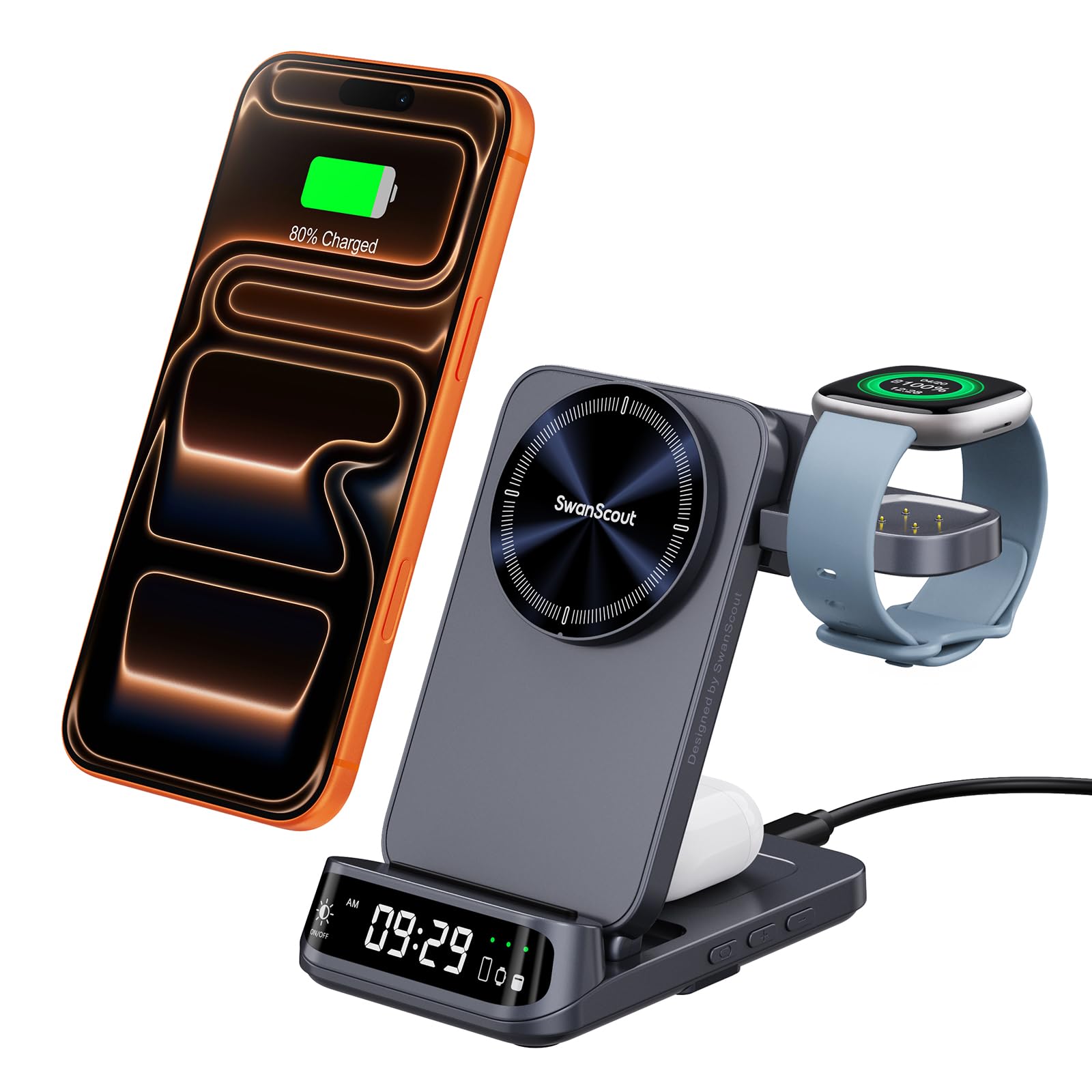 SwanScout Magnetyczna Ładowarka Bezprzewodowa dla Pixel Watch 3/2 (Watch 4/1 Nie Zawarty), Fitbit Versa 4/3, Stacja Ładowania dla Google Pixel 9 Pro Fold/9a/8/7/6/5, SwanScout 708MG2 (Bez Adaptera)