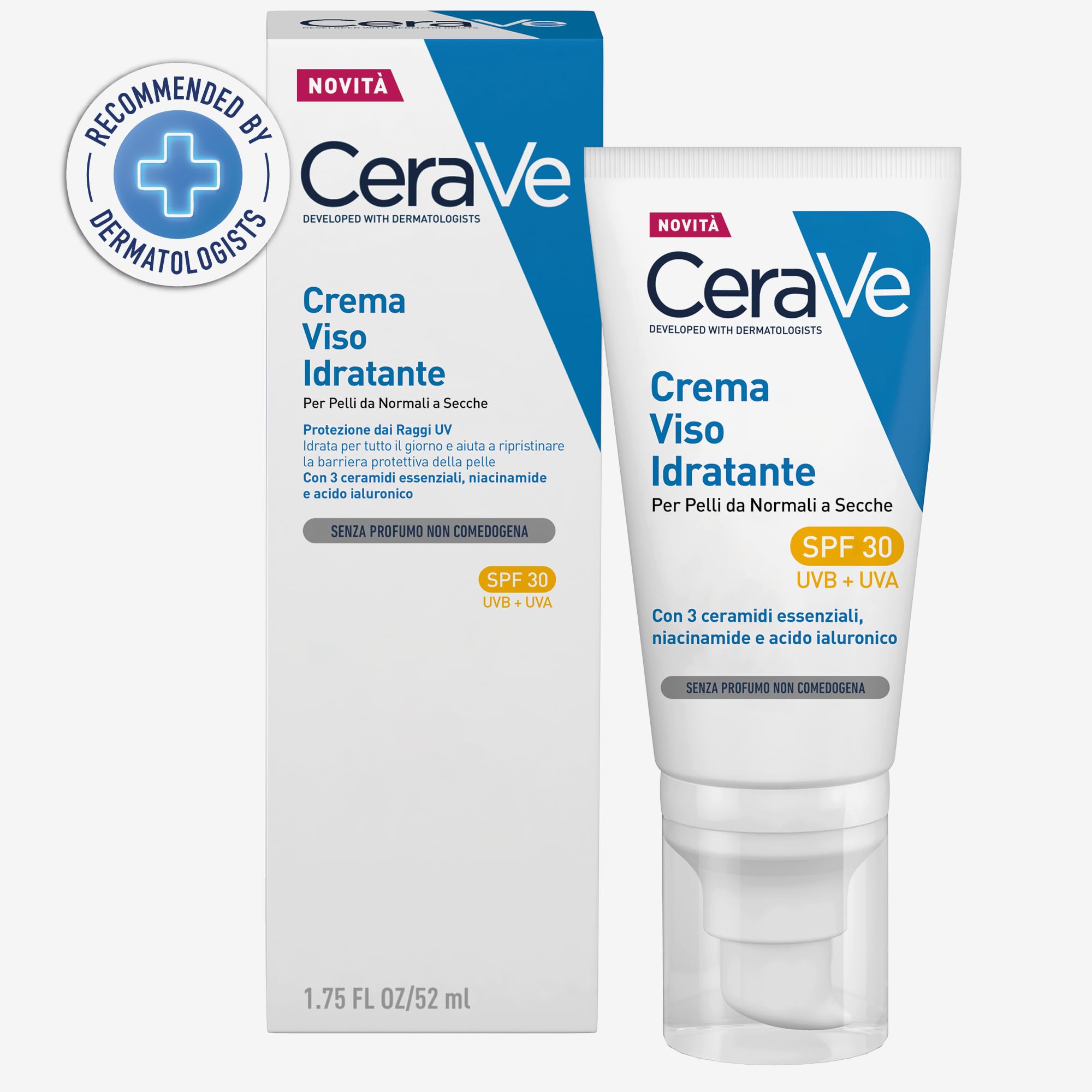 CeraVe Crema Idratante Viso SPF 30, Per Pelli da Normali a Secche, Idratazione Profonda, Ad Assorbimento Rapido, Con Protezione Solare SPF 30 e Acido Ialuronico, 52 ml