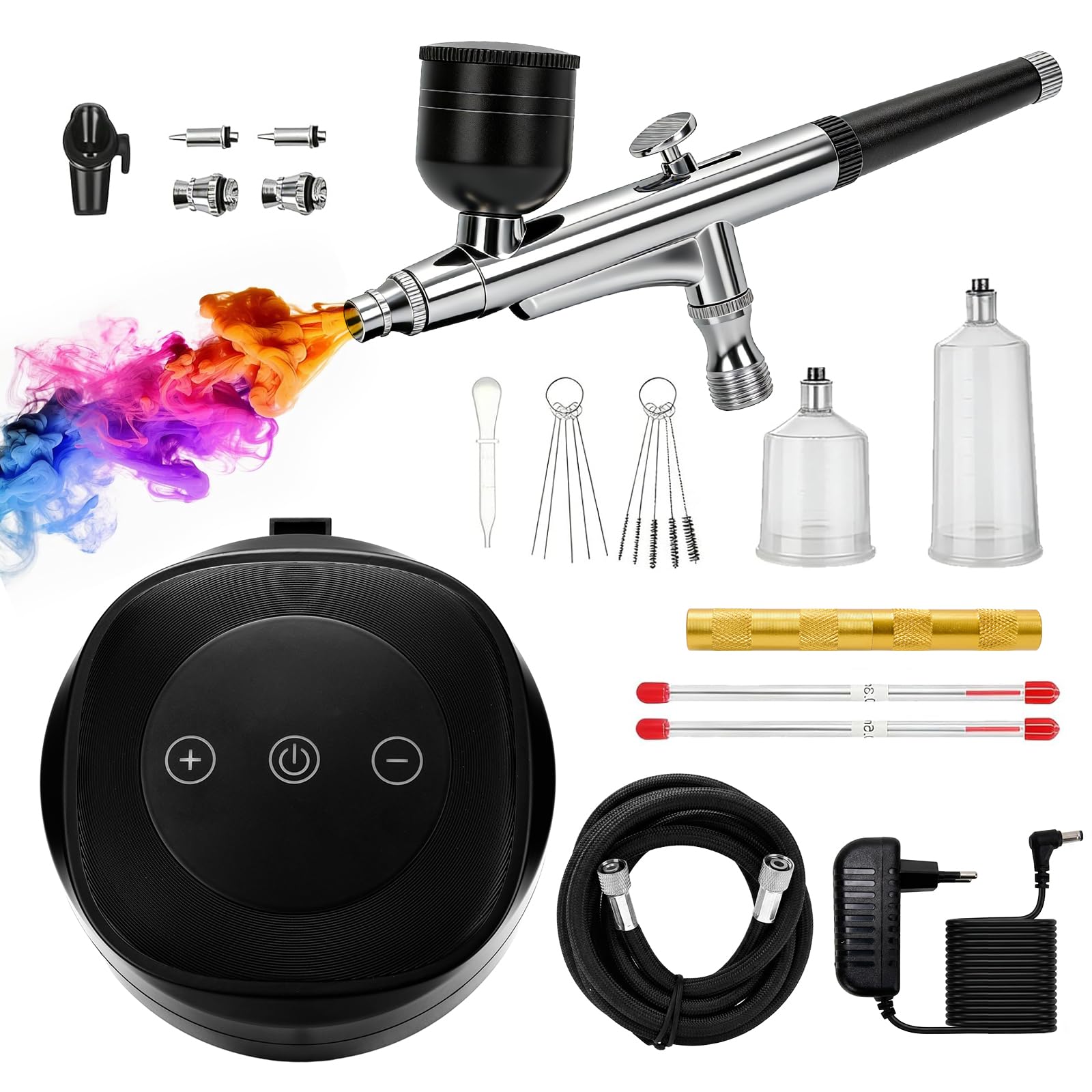 Airbrush Set mit Kompressor, Dual-Action Airbrushpistole mit 3 Druckstufen (25/38/48 PSI), Tragbares Airbrush Kit für Modellbau, Nailart, Make-up, Kuchendekoration & DIY-Projekte