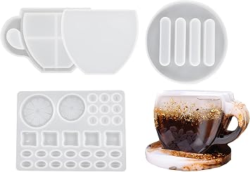 Coaster Resin Molds Set, Shaker Epoxy Mold With Holder, Cup Quicksand Silicone Mold, Lemon Coffee Beans Filler, Casting Mold for Cup Pad