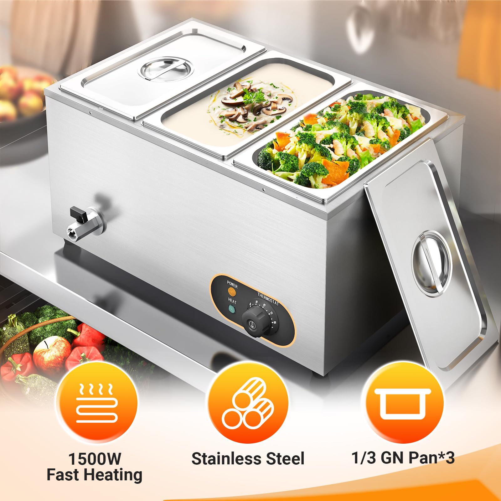 Bain Marie Électrique en Acier Inoxydable 1500W, 3X 1/3 GN Récipients avec Couvercle,Température réglable 30°C - 85 °C, Chauffe-Plats Buffet